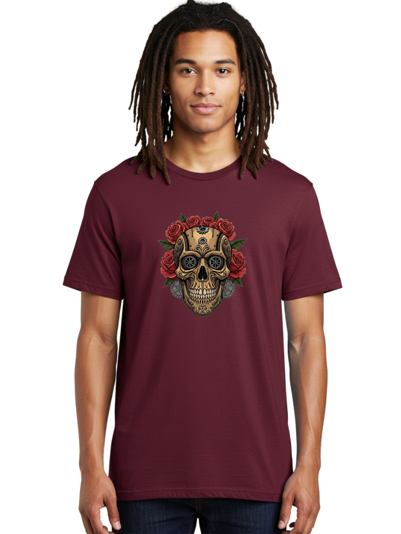 Sugar-Skull-With-Roses Men'S Graphic Tee, 100% Cotton, Comfortable Casual Summer Wear, Machine Washable, Sugar Skull, Day Of The Dead, Mechanical Parts, Floral Wreath, Red Roses, Gothic Design, Steampunk Style, Intricate Details, Bad791