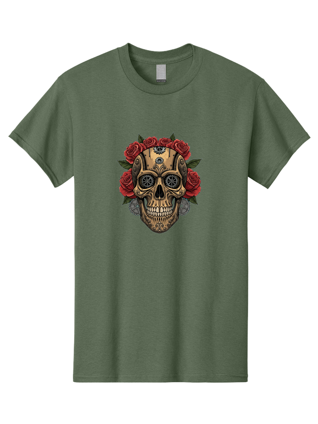 Sugar-Skull-With-Roses Men'S Graphic Tee, 100% Cotton, Comfortable Casual Summer Wear, Machine Washable, Sugar Skull, Day Of The Dead, Mechanical Parts, Floral Wreath, Red Roses, Gothic Design, Steampunk Style, Intricate Details, Bad791