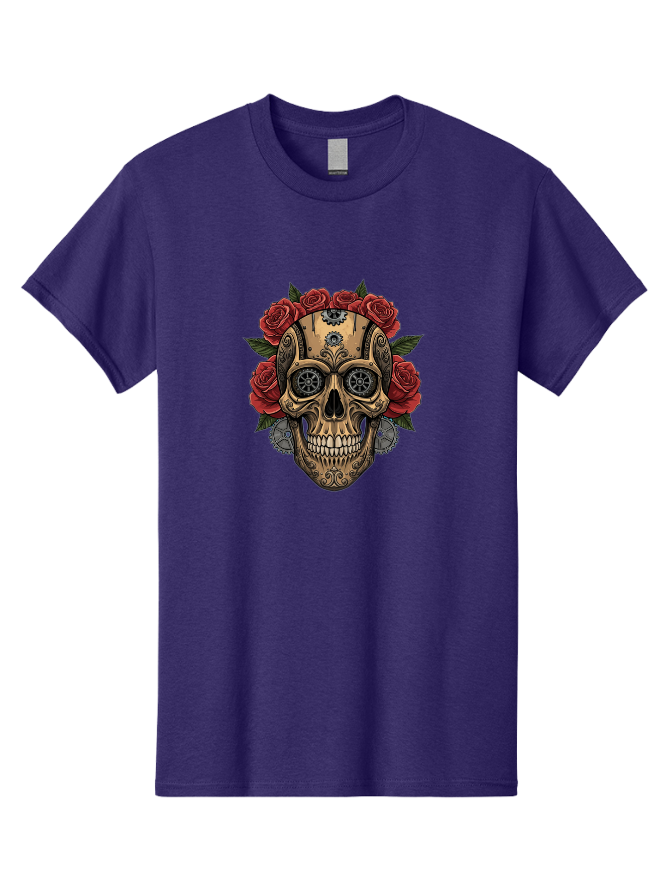 Sugar-Skull-With-Roses Men'S Graphic Tee, 100% Cotton, Comfortable Casual Summer Wear, Machine Washable, Sugar Skull, Day Of The Dead, Mechanical Parts, Floral Wreath, Red Roses, Gothic Design, Steampunk Style, Intricate Details, Bad791