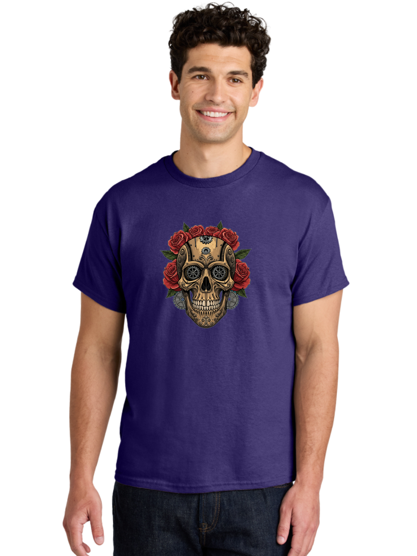 Sugar-Skull-With-Roses Men'S Graphic Tee, 100% Cotton, Comfortable Casual Summer Wear, Machine Washable, Sugar Skull, Day Of The Dead, Mechanical Parts, Floral Wreath, Red Roses, Gothic Design, Steampunk Style, Intricate Details, Bad791