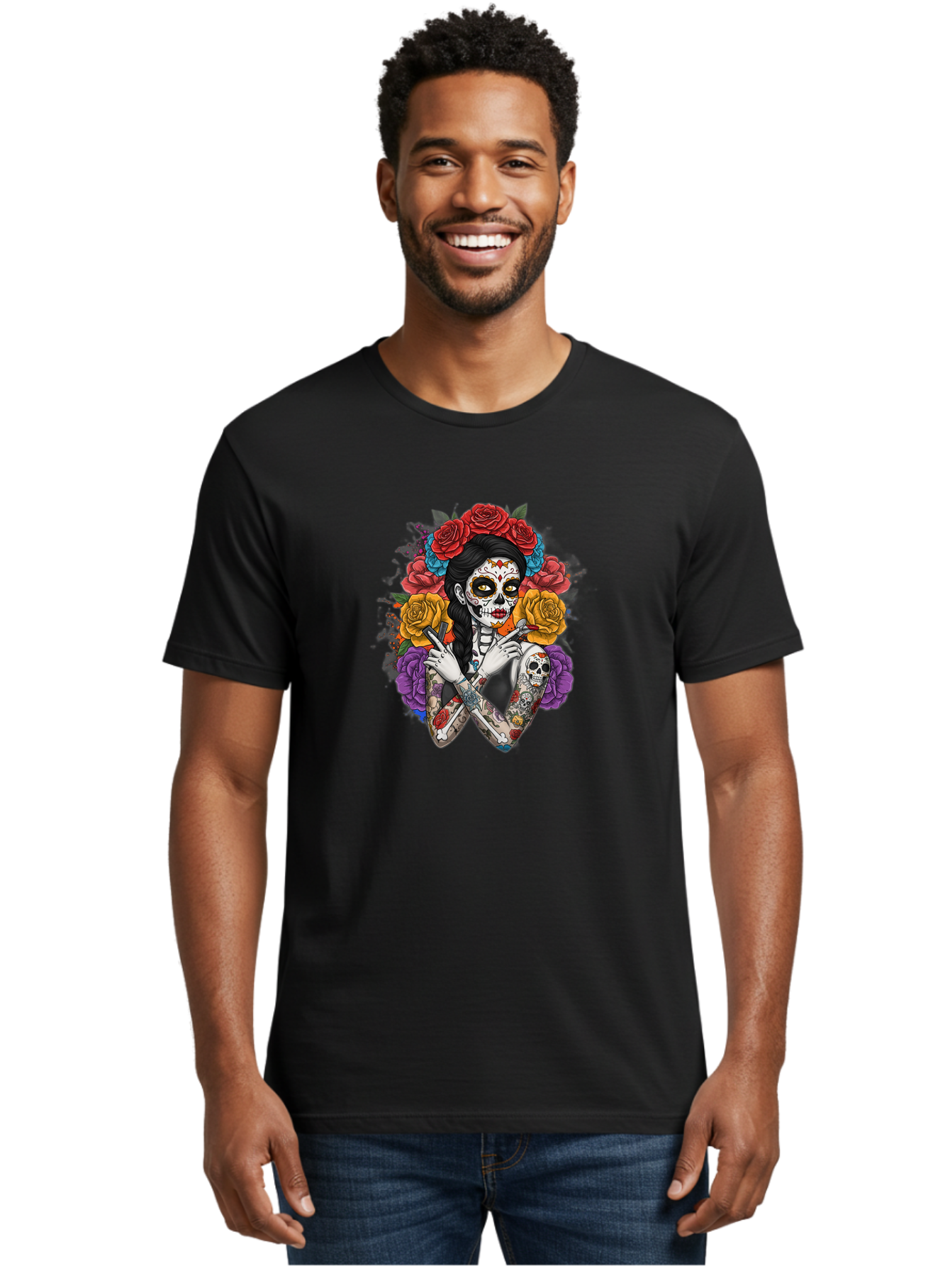 Sugar-Skull-Woman Men'S Graphic Tee, 100% Cotton, Comfortable Casual Summer Wear, Machine Washable, Sugar Skull, Day Of The Dead, Tattoo Art, Floral Crown, Roses, Skull Makeup, Vibrant Colors, Gothic Style, Feminine Beauty, Bad792