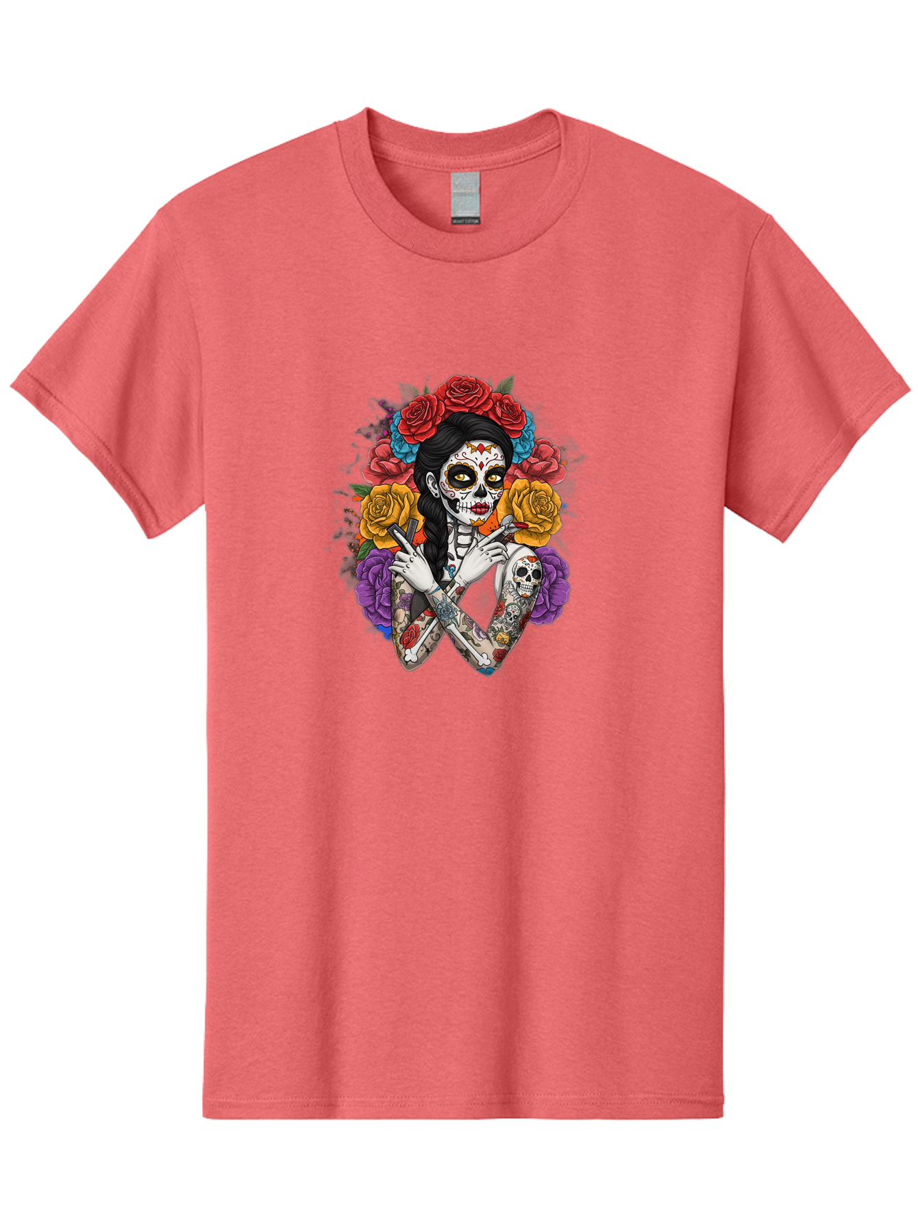 Sugar-Skull-Woman Men'S Graphic Tee, 100% Cotton, Comfortable Casual Summer Wear, Machine Washable, Sugar Skull, Day Of The Dead, Tattoo Art, Floral Crown, Roses, Skull Makeup, Vibrant Colors, Gothic Style, Feminine Beauty, Bad792