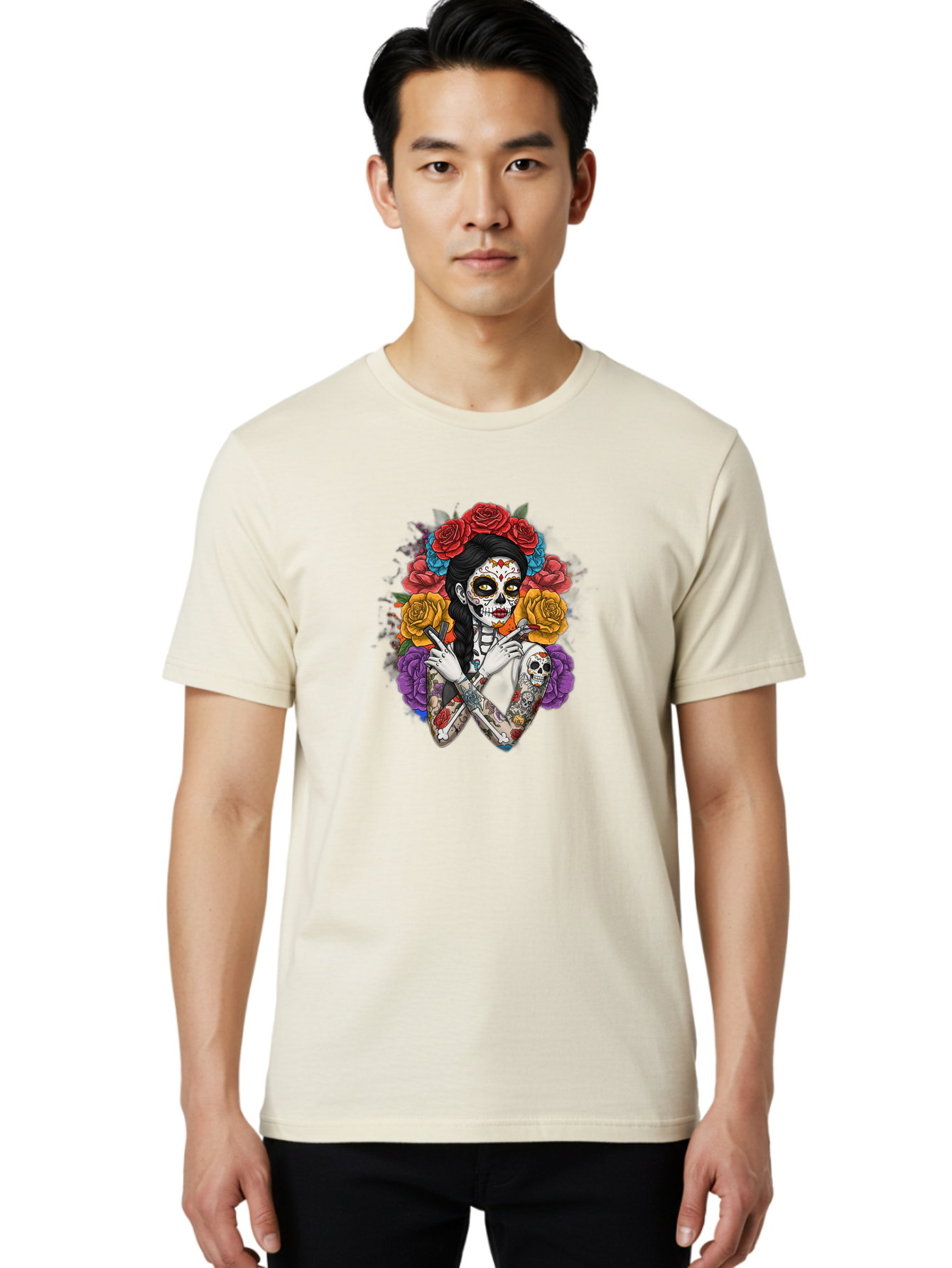 Sugar-Skull-Woman Men'S Graphic Tee, 100% Cotton, Comfortable Casual Summer Wear, Machine Washable, Sugar Skull, Day Of The Dead, Tattoo Art, Floral Crown, Roses, Skull Makeup, Vibrant Colors, Gothic Style, Feminine Beauty, Bad792
