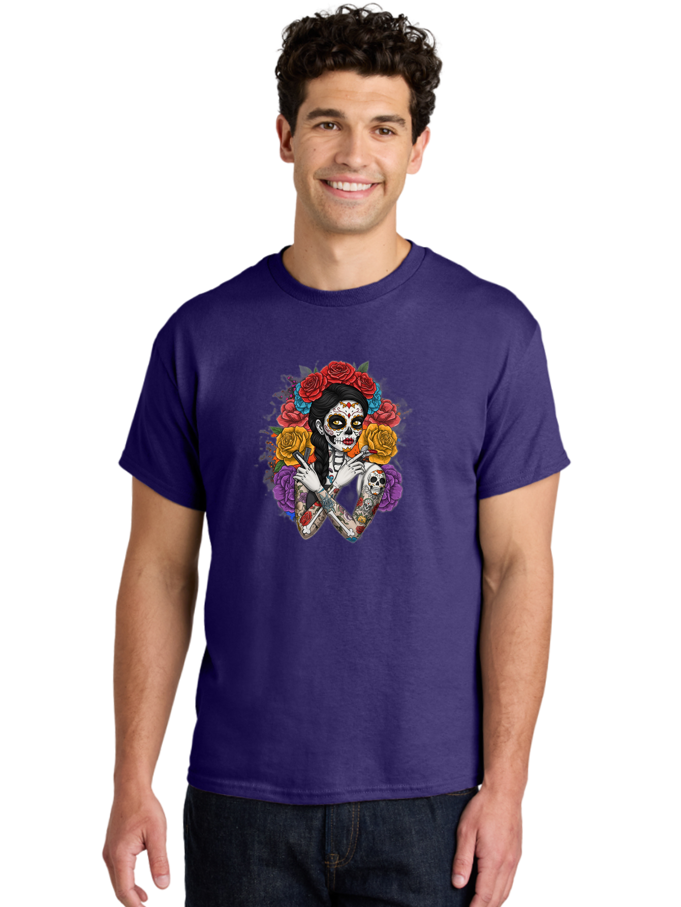 Sugar-Skull-Woman Men'S Graphic Tee, 100% Cotton, Comfortable Casual Summer Wear, Machine Washable, Sugar Skull, Day Of The Dead, Tattoo Art, Floral Crown, Roses, Skull Makeup, Vibrant Colors, Gothic Style, Feminine Beauty, Bad792