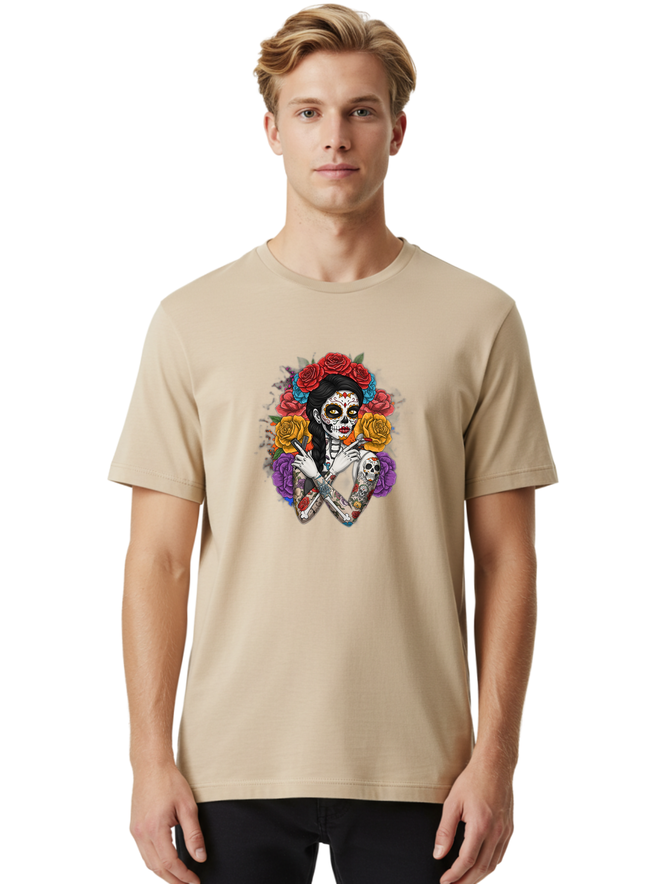 Sugar-Skull-Woman Men'S Graphic Tee, 100% Cotton, Comfortable Casual Summer Wear, Machine Washable, Sugar Skull, Day Of The Dead, Tattoo Art, Floral Crown, Roses, Skull Makeup, Vibrant Colors, Gothic Style, Feminine Beauty, Bad792