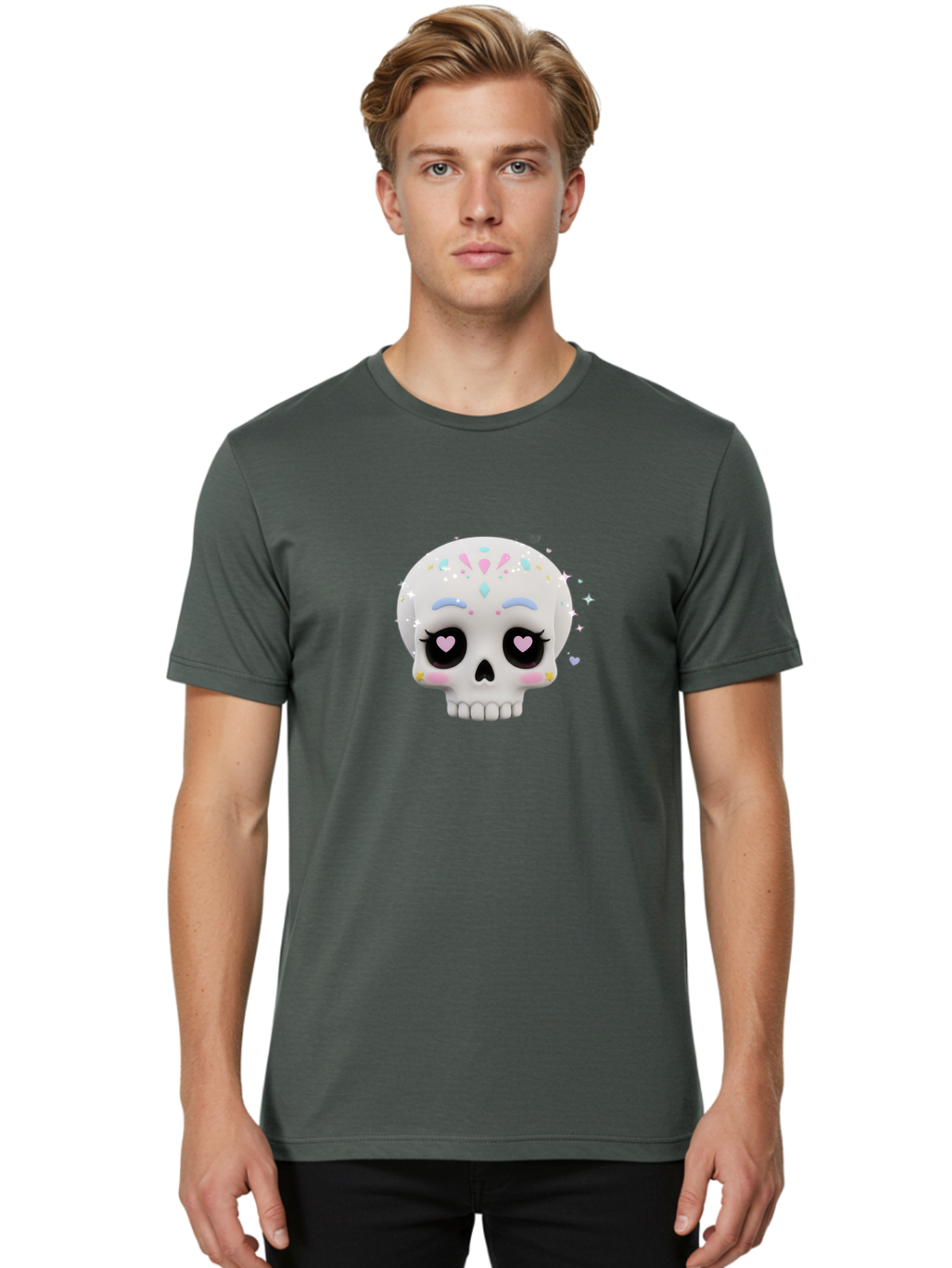 Sugar-Skull Men'S Graphic Tee, 100% Cotton, Comfortable Casual Summer Wear, Machine Washable, Sugar Skull Graphic, Cartoon-Style Skull, Pastel Colors, Festive Design, Day Of The Dead Theme, Colorful Sprinkles, Sparkly Elements, Bad793
