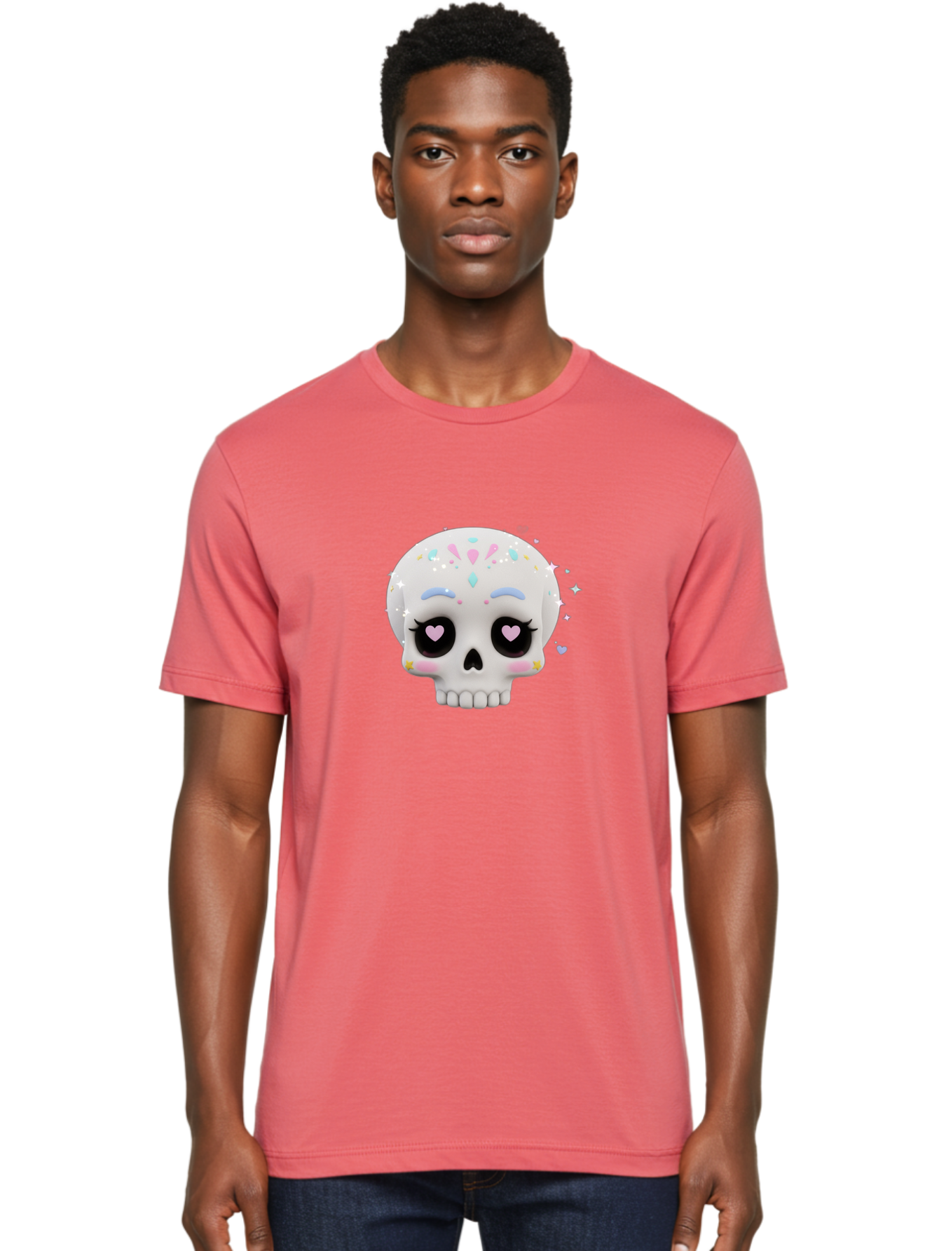 Sugar-Skull Men'S Graphic Tee, 100% Cotton, Comfortable Casual Summer Wear, Machine Washable, Sugar Skull Graphic, Cartoon-Style Skull, Pastel Colors, Festive Design, Day Of The Dead Theme, Colorful Sprinkles, Sparkly Elements, Bad793