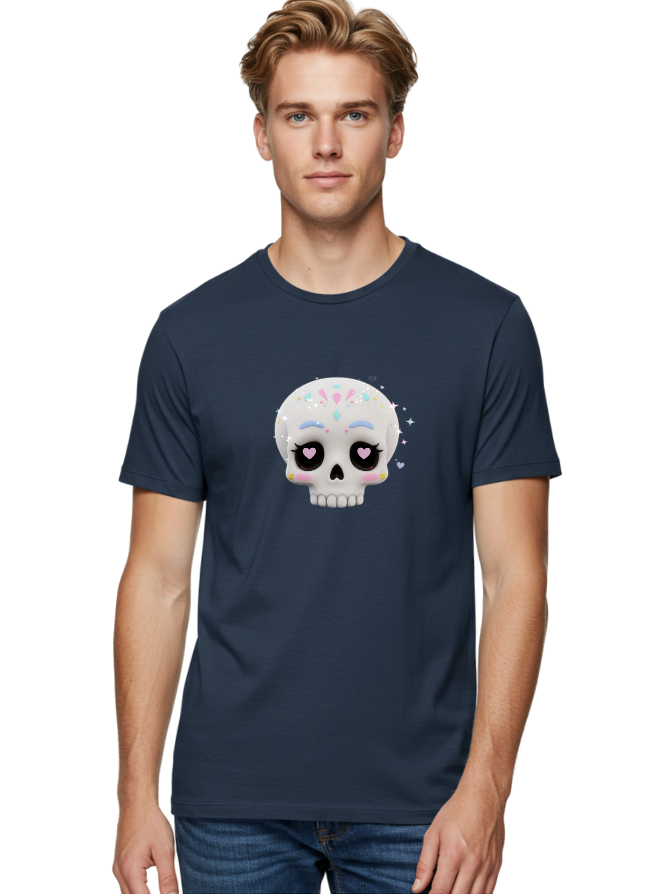 Sugar-Skull Men'S Graphic Tee, 100% Cotton, Comfortable Casual Summer Wear, Machine Washable, Sugar Skull Graphic, Cartoon-Style Skull, Pastel Colors, Festive Design, Day Of The Dead Theme, Colorful Sprinkles, Sparkly Elements, Bad793