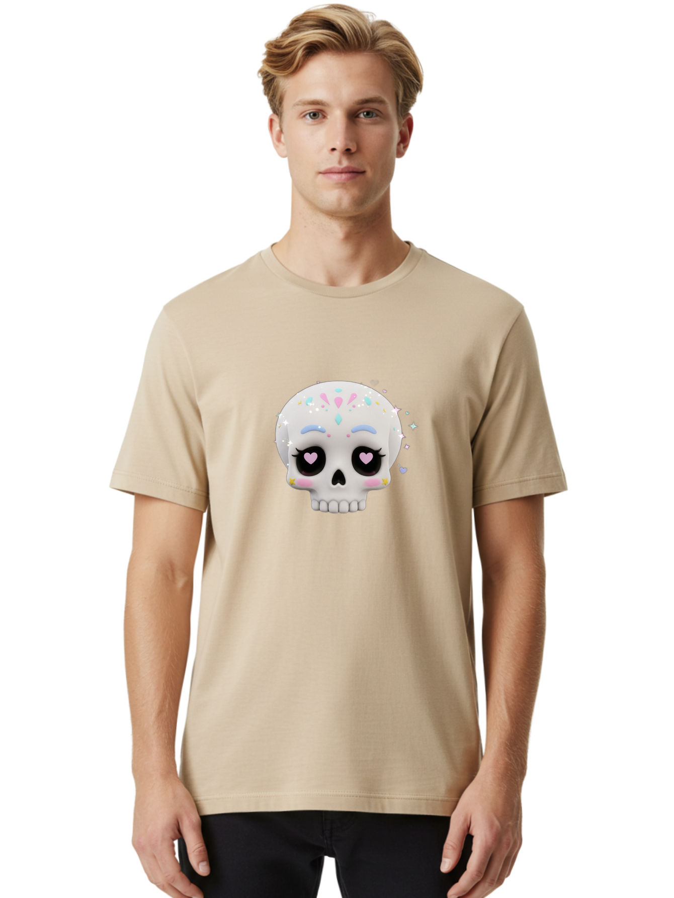 Sugar-Skull Men'S Graphic Tee, 100% Cotton, Comfortable Casual Summer Wear, Machine Washable, Sugar Skull Graphic, Cartoon-Style Skull, Pastel Colors, Festive Design, Day Of The Dead Theme, Colorful Sprinkles, Sparkly Elements, Bad793