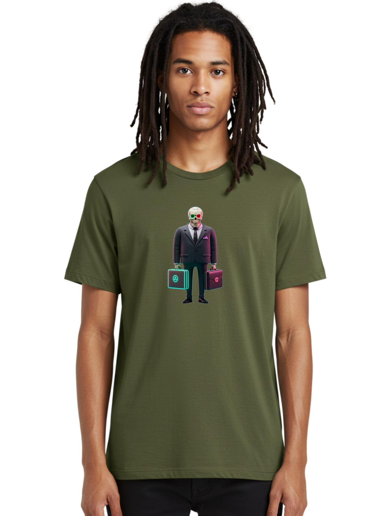 Suit-Skeleton Men'S Graphic Tee, 100% Cotton, Comfortable Casual Summer Wear, Machine Washable, Skeleton In A Business Suit, Red And Green Glowing Eyes, Two Briefcases, Corporate Attire, Futuristic Style, Digital Art, Modern Aesthetic, Bad795