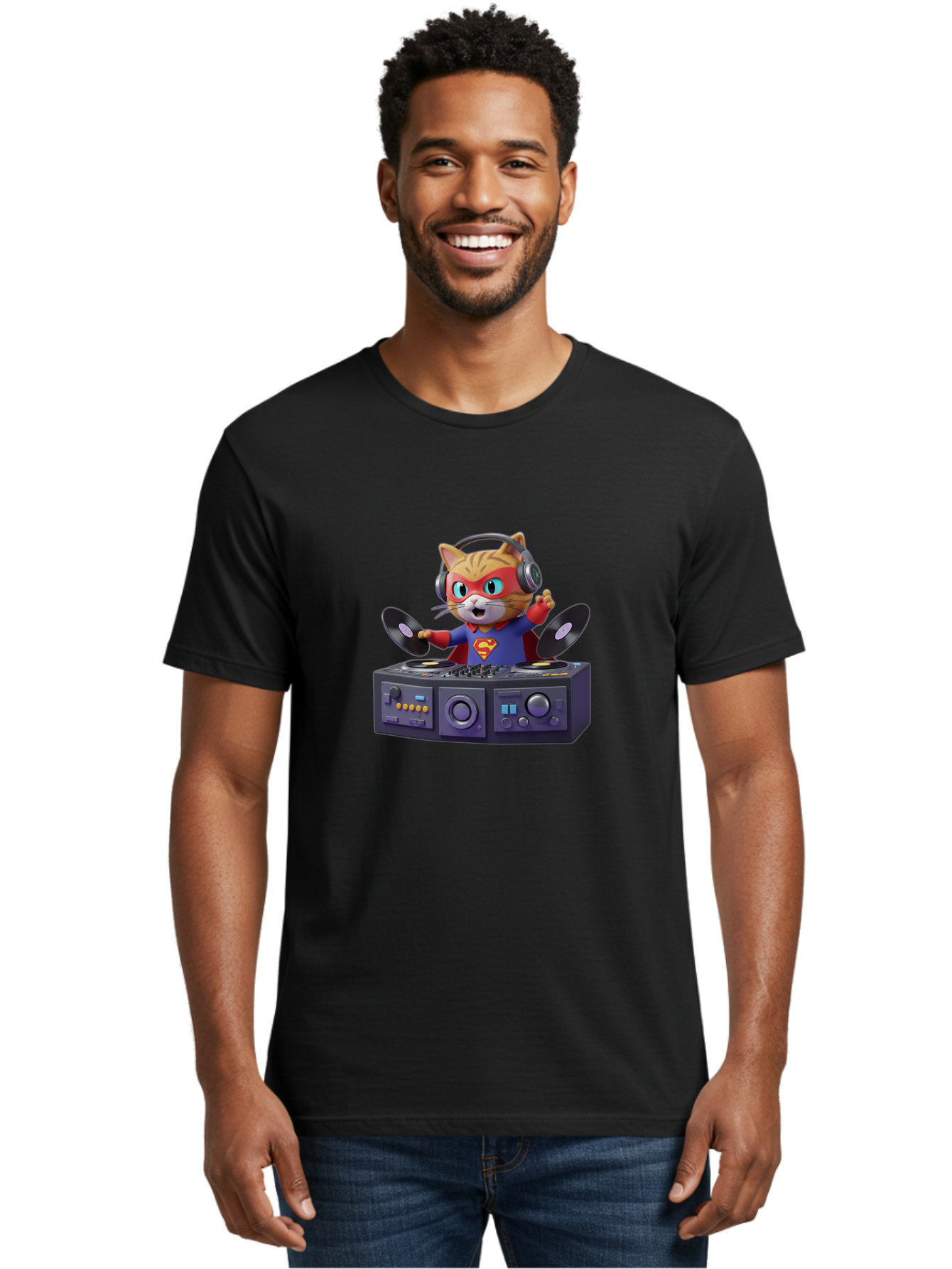 Superman-Cat-Dj Men'S Graphic Tee, 100% Cotton, Comfortable Casual Summer Wear, Machine Washable, Funny Cat, Dj Setup, Vinyl Records, Superhero Costume, Superman Logo, Party Atmosphere, Cartoon Character, Techno Music, Dancing Cat Bad796