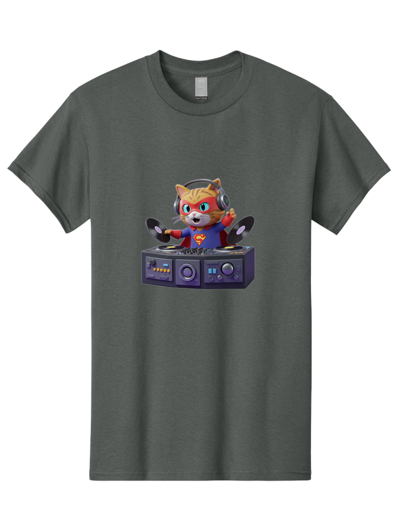 Superman-Cat-Dj Men'S Graphic Tee, 100% Cotton, Comfortable Casual Summer Wear, Machine Washable, Funny Cat, Dj Setup, Vinyl Records, Superhero Costume, Superman Logo, Party Atmosphere, Cartoon Character, Techno Music, Dancing Cat Bad796