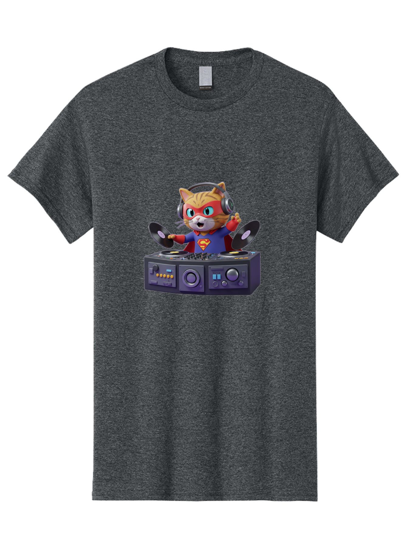 Superman-Cat-Dj Men'S Graphic Tee, 100% Cotton, Comfortable Casual Summer Wear, Machine Washable, Funny Cat, Dj Setup, Vinyl Records, Superhero Costume, Superman Logo, Party Atmosphere, Cartoon Character, Techno Music, Dancing Cat Bad796