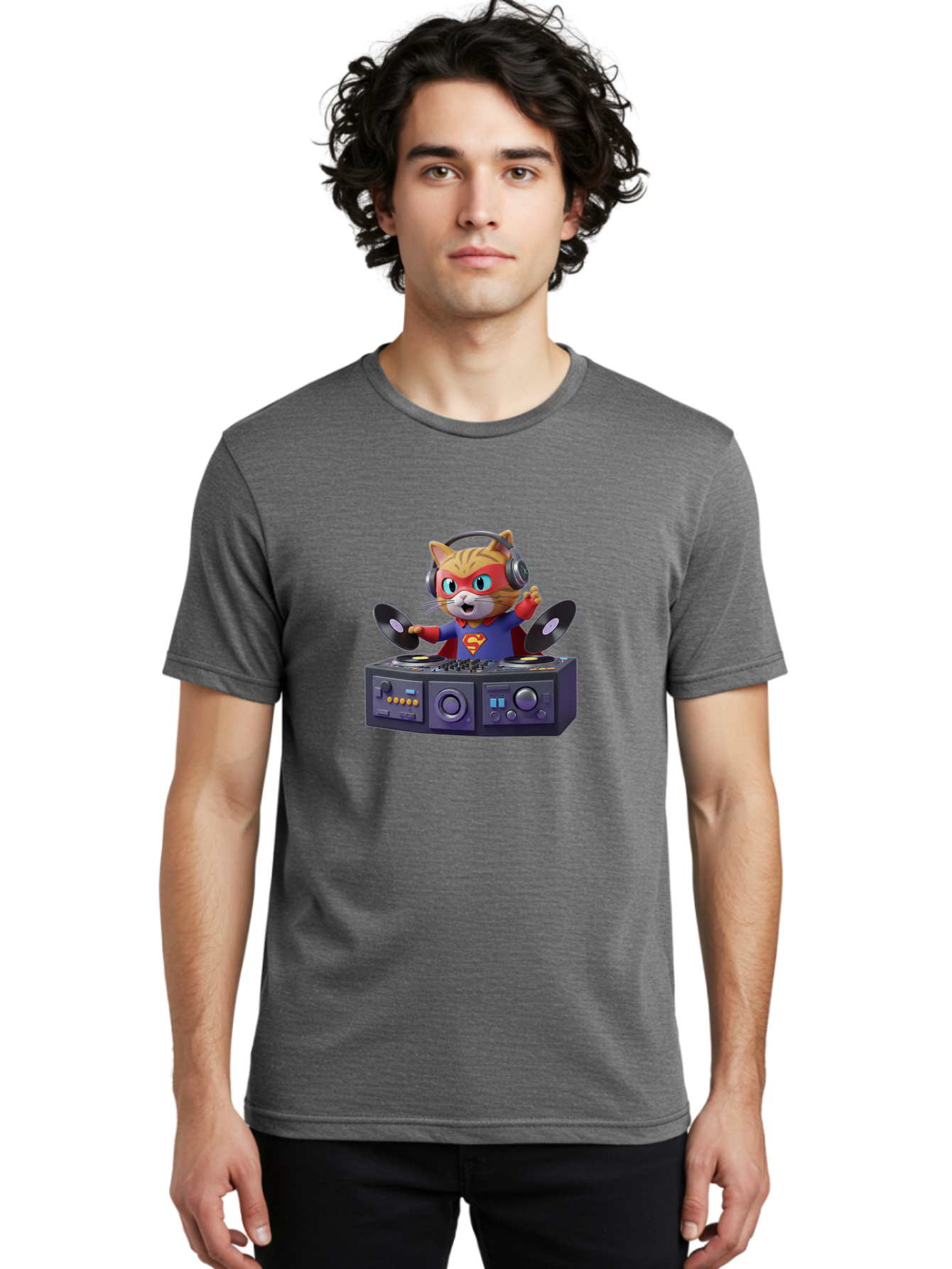 Superman-Cat-Dj Men'S Graphic Tee, 100% Cotton, Comfortable Casual Summer Wear, Machine Washable, Funny Cat, Dj Setup, Vinyl Records, Superhero Costume, Superman Logo, Party Atmosphere, Cartoon Character, Techno Music, Dancing Cat Bad796