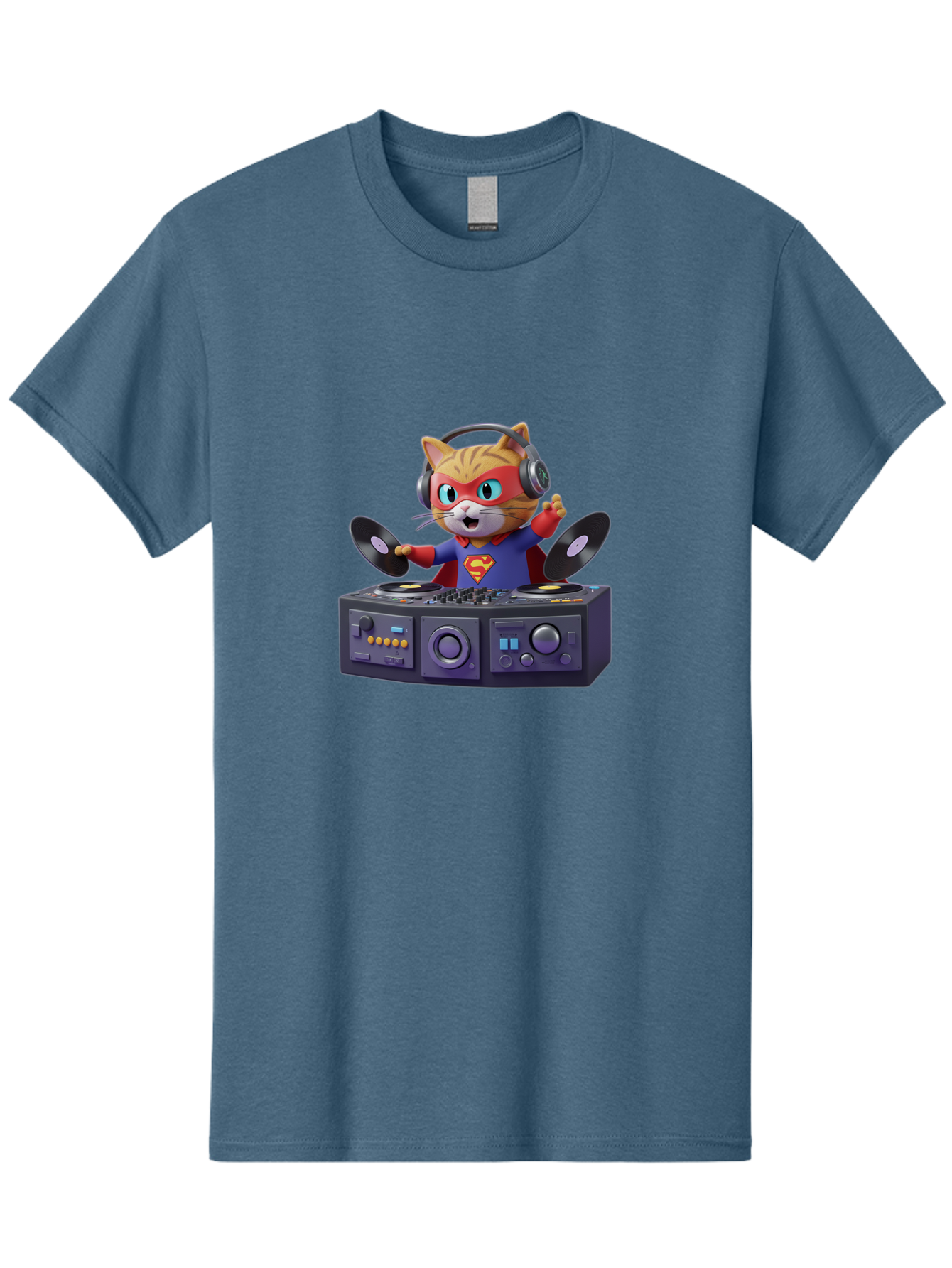 Superman-Cat-Dj Men'S Graphic Tee, 100% Cotton, Comfortable Casual Summer Wear, Machine Washable, Funny Cat, Dj Setup, Vinyl Records, Superhero Costume, Superman Logo, Party Atmosphere, Cartoon Character, Techno Music, Dancing Cat Bad796