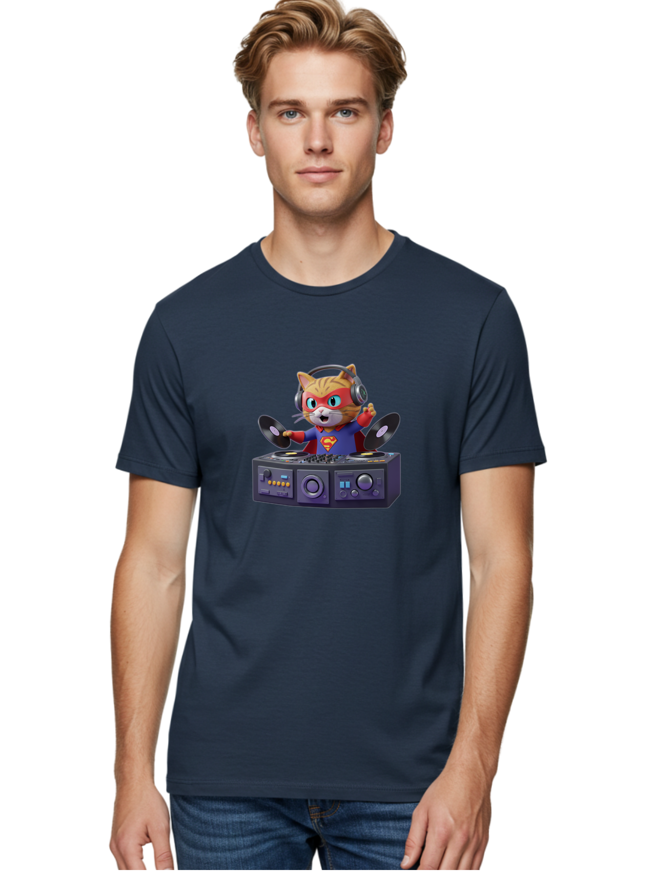 Superman-Cat-Dj Men'S Graphic Tee, 100% Cotton, Comfortable Casual Summer Wear, Machine Washable, Funny Cat, Dj Setup, Vinyl Records, Superhero Costume, Superman Logo, Party Atmosphere, Cartoon Character, Techno Music, Dancing Cat Bad796