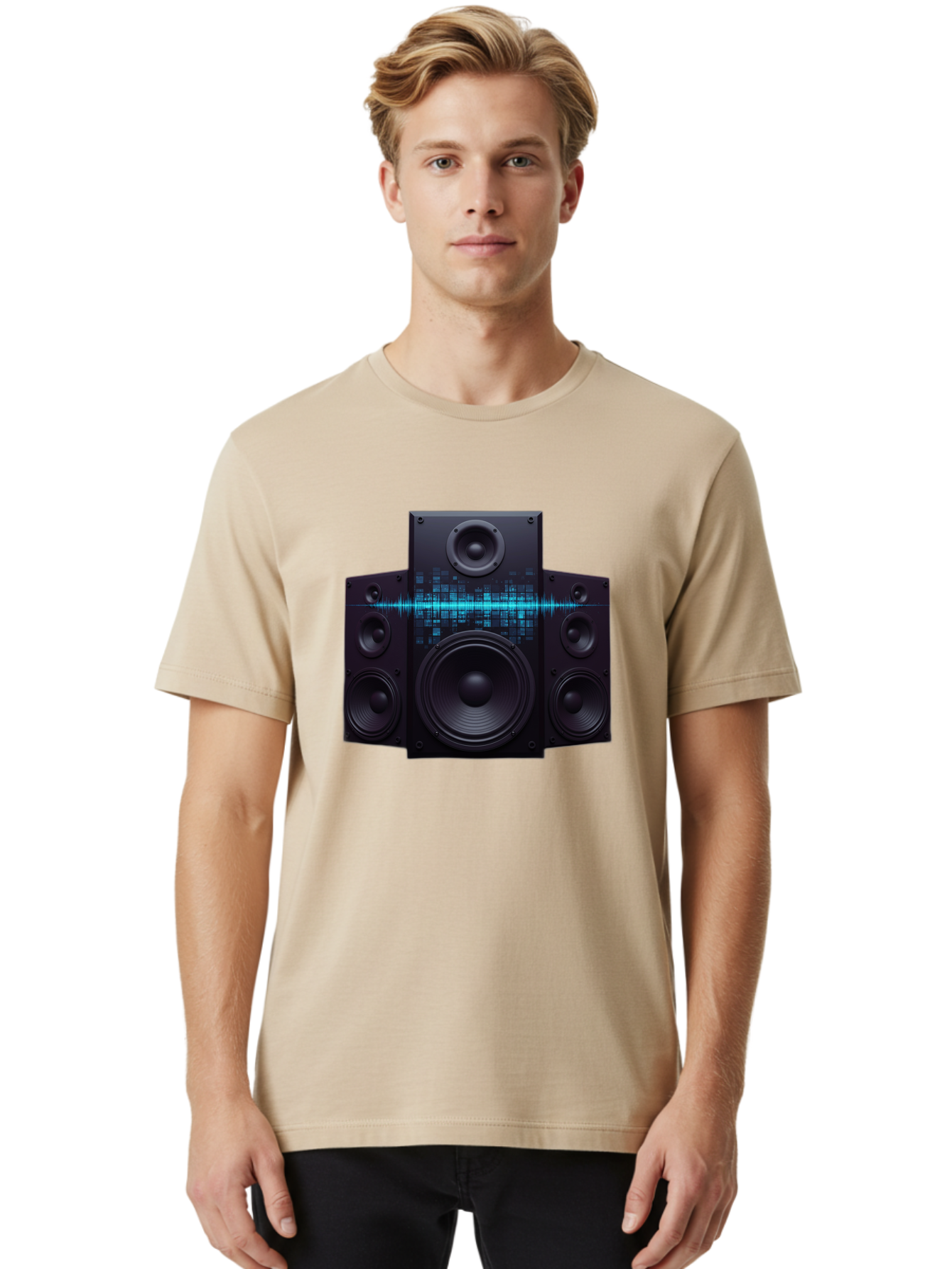 Surround-Sound-Speakers Men'S Graphic Tee, 100% Cotton, Comfortable Casual Summer Wear, Machine Washable, High-Quality Speakers, Home Audio System, Sound Wave, Audio Equipment, Music Speakers, Sound Technology, Audio Visual, Sound System Bad798