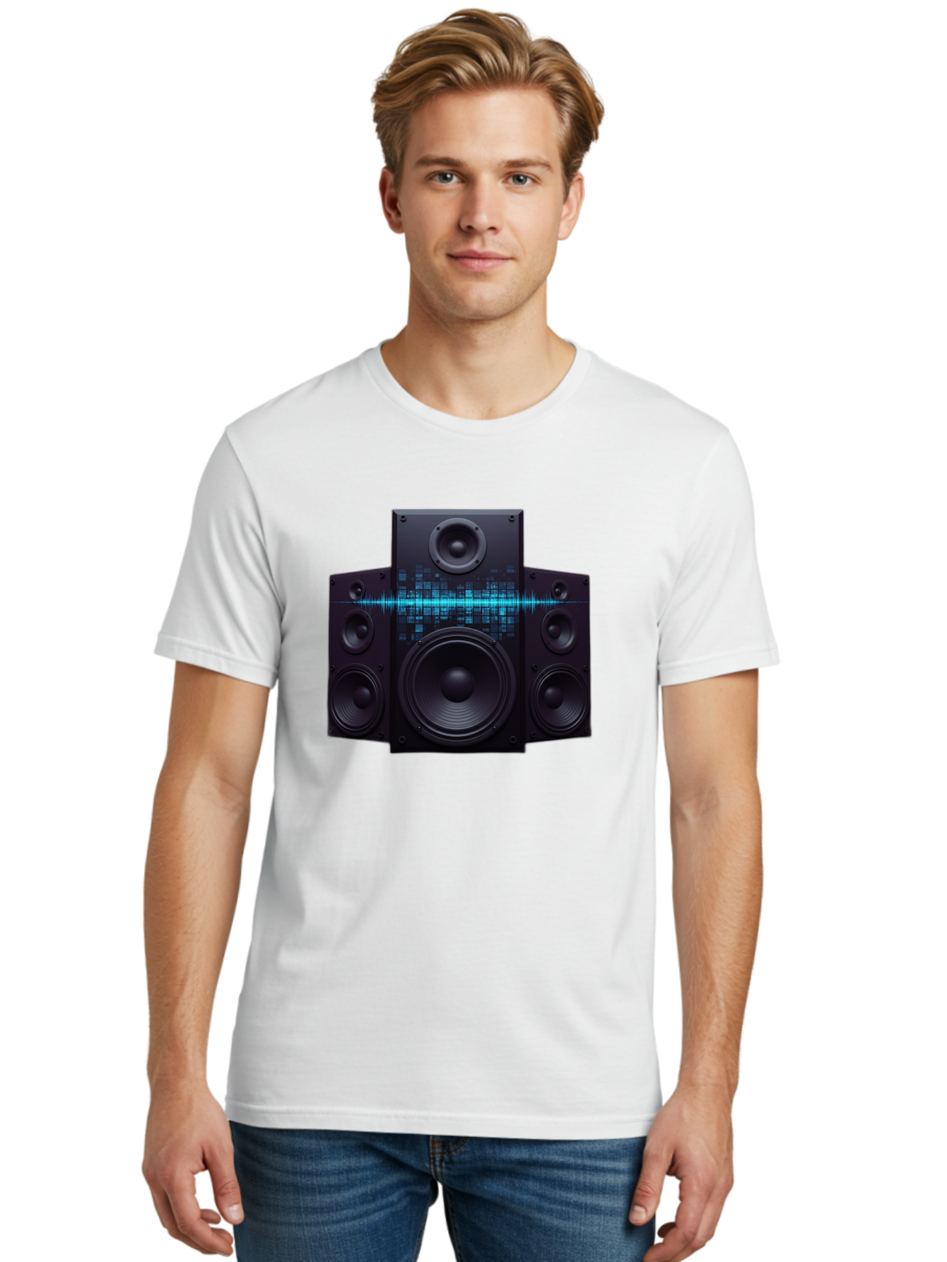 Surround-Sound-Speakers Men'S Graphic Tee, 100% Cotton, Comfortable Casual Summer Wear, Machine Washable, High-Quality Speakers, Home Audio System, Sound Wave, Audio Equipment, Music Speakers, Sound Technology, Audio Visual, Sound System Bad798