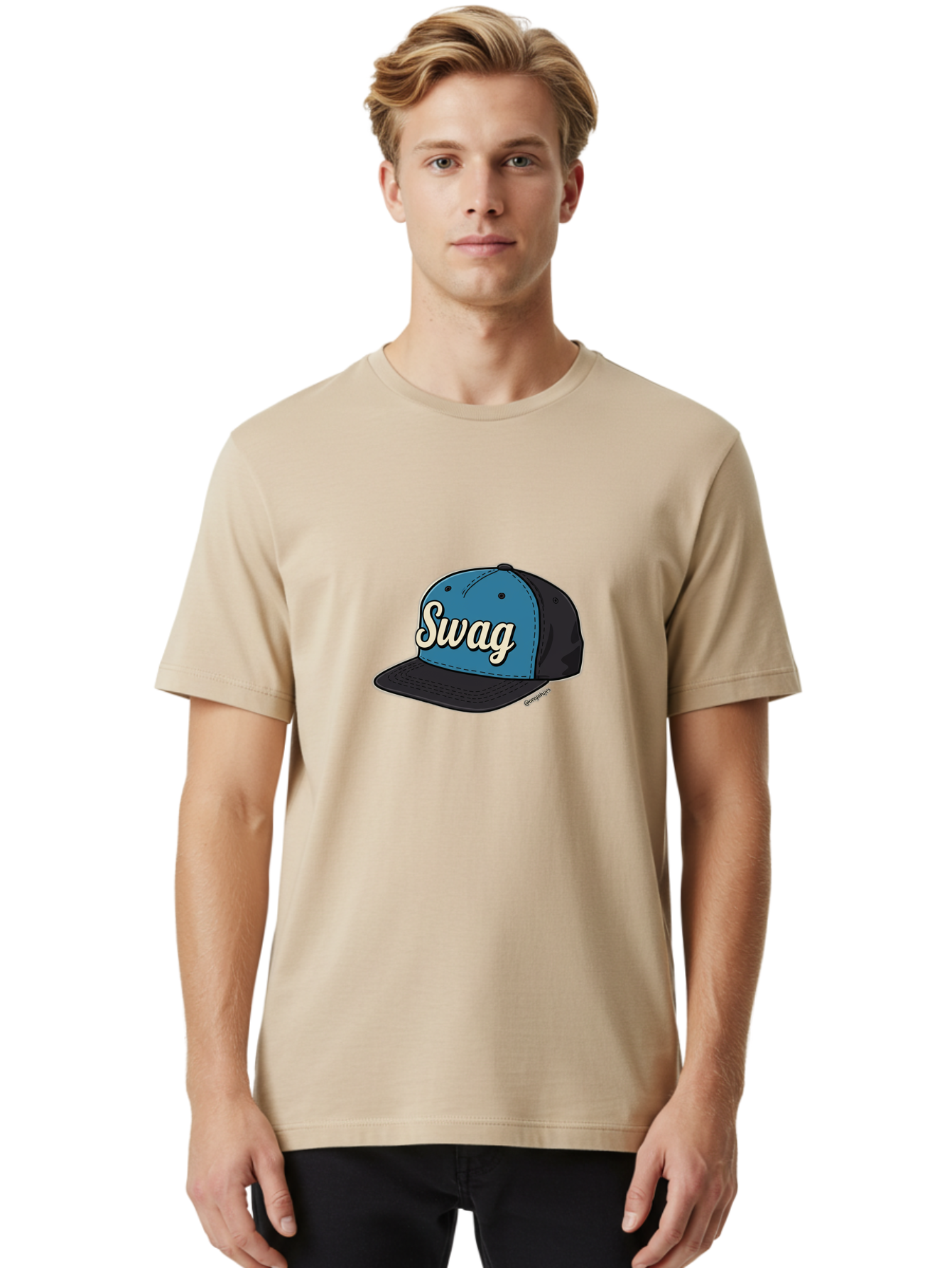 Swag-Baseball-Cap Men'S Graphic Tee, 100% Cotton, Comfortable Casual Summer Wear, Machine Washable, Baseball Cap, Swag Text, Blue And Black Hat, Trendy Accessory, Streetwear Fashion, Stylish Design, Cool Cap, Fashion Statement, Bad799