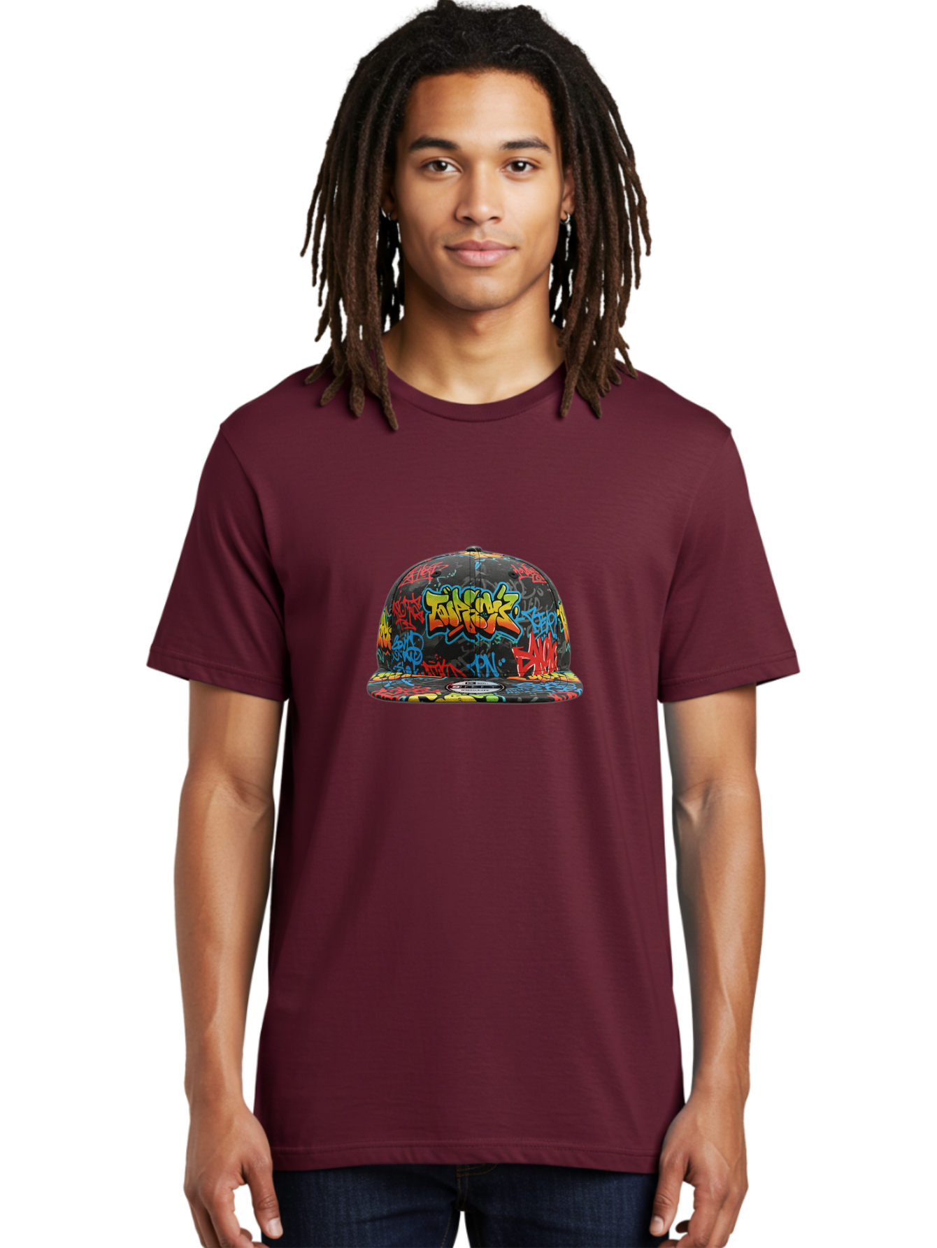 Talkfok-Graffiti-Baseball-Cap Men'S Graphic Tee, 100% Cotton, Comfortable Casual Summer Wear, Machine Washable, Graffiti Cap, Streetwear Fashion, Urban Style, Colorful Hat, Daft Punk, Vibrant Design, Street Art, Fashion Accessory, Trendy Hat, Bad801