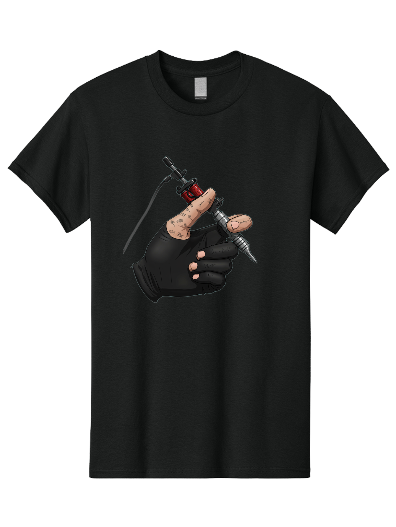 Tattoo-Hand Men'S Graphic Tee, 100% Cotton, Comfortable Casual Summer Wear, Machine Washable, Tattoo Artist Hand, Black Glove, Tattoo Machine In Hand, Red Tattoo Gun, Silver Needle, Tattoo Art, Body Art, Inked Hand Bad802