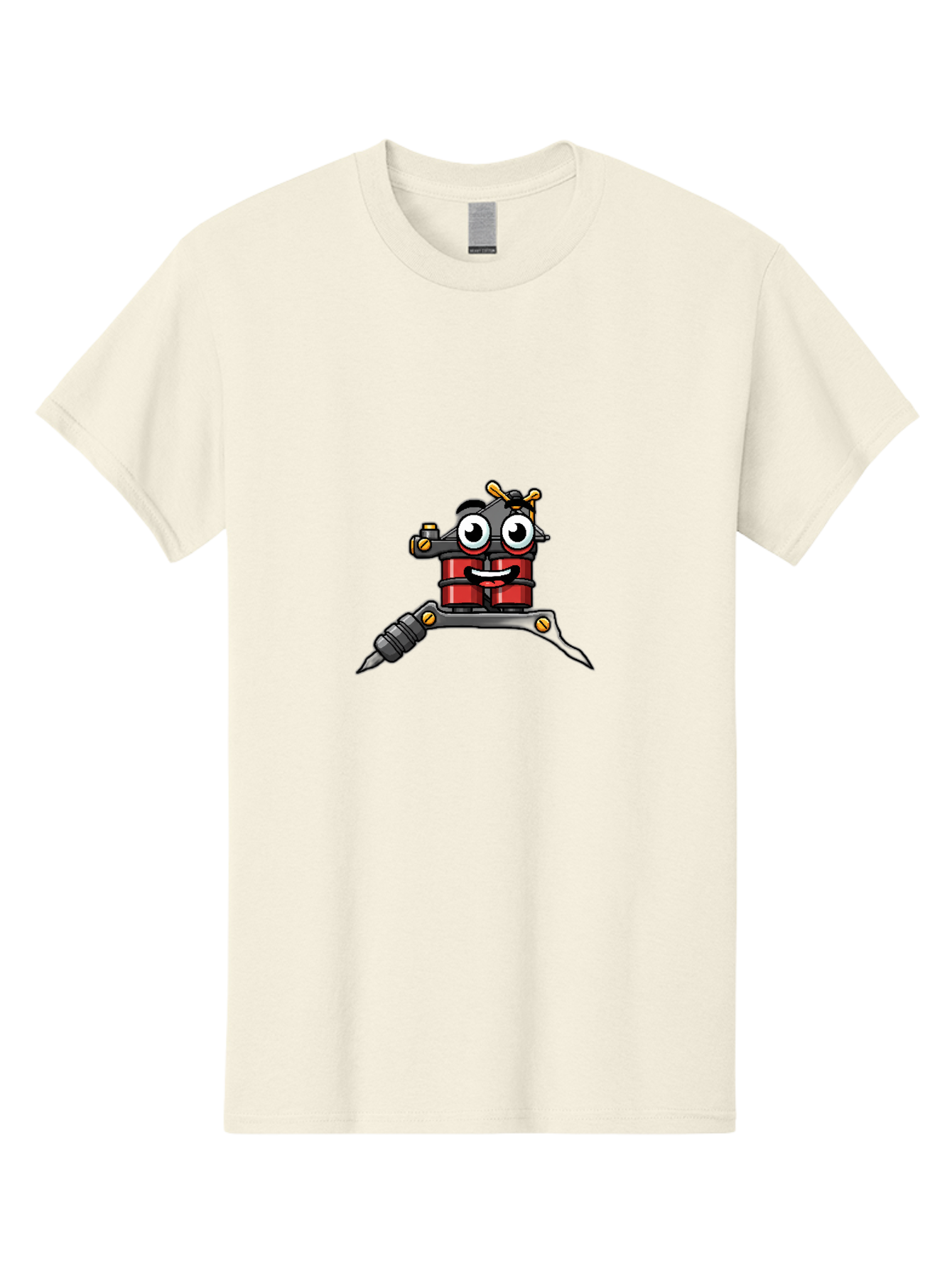 Tattoo-Machine-2 Men'S Graphic Tee, 100% Cotton, Comfortable Casual Summer Wear, Machine Washable, Cartoon Tattoo Machine, Fun Design, Playful Character, Body Art, Red And Black Colors, Yellow Accents, Creative Expression, Tattoo Culture Bad804