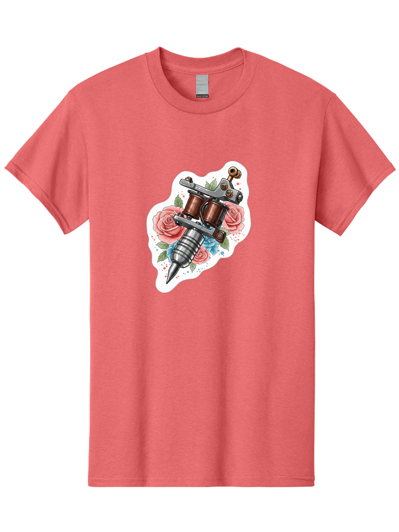 Tattoo-Machine-3 Men'S Graphic Tee, 100% Cotton, Comfortable Casual Summer Wear, Machine Washable, Vintage Tattoo Machine, Floral Design, Pink Roses, Blue Flowers, Body Art, Tattoo Culture, Ink, Artistic Expression, Decorative Art, Bad805