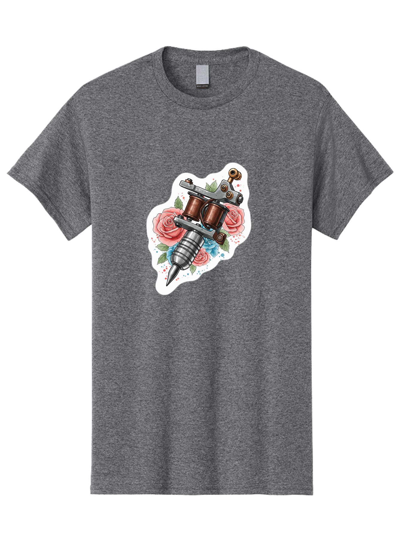 Tattoo-Machine-3 Men'S Graphic Tee, 100% Cotton, Comfortable Casual Summer Wear, Machine Washable, Vintage Tattoo Machine, Floral Design, Pink Roses, Blue Flowers, Body Art, Tattoo Culture, Ink, Artistic Expression, Decorative Art, Bad805