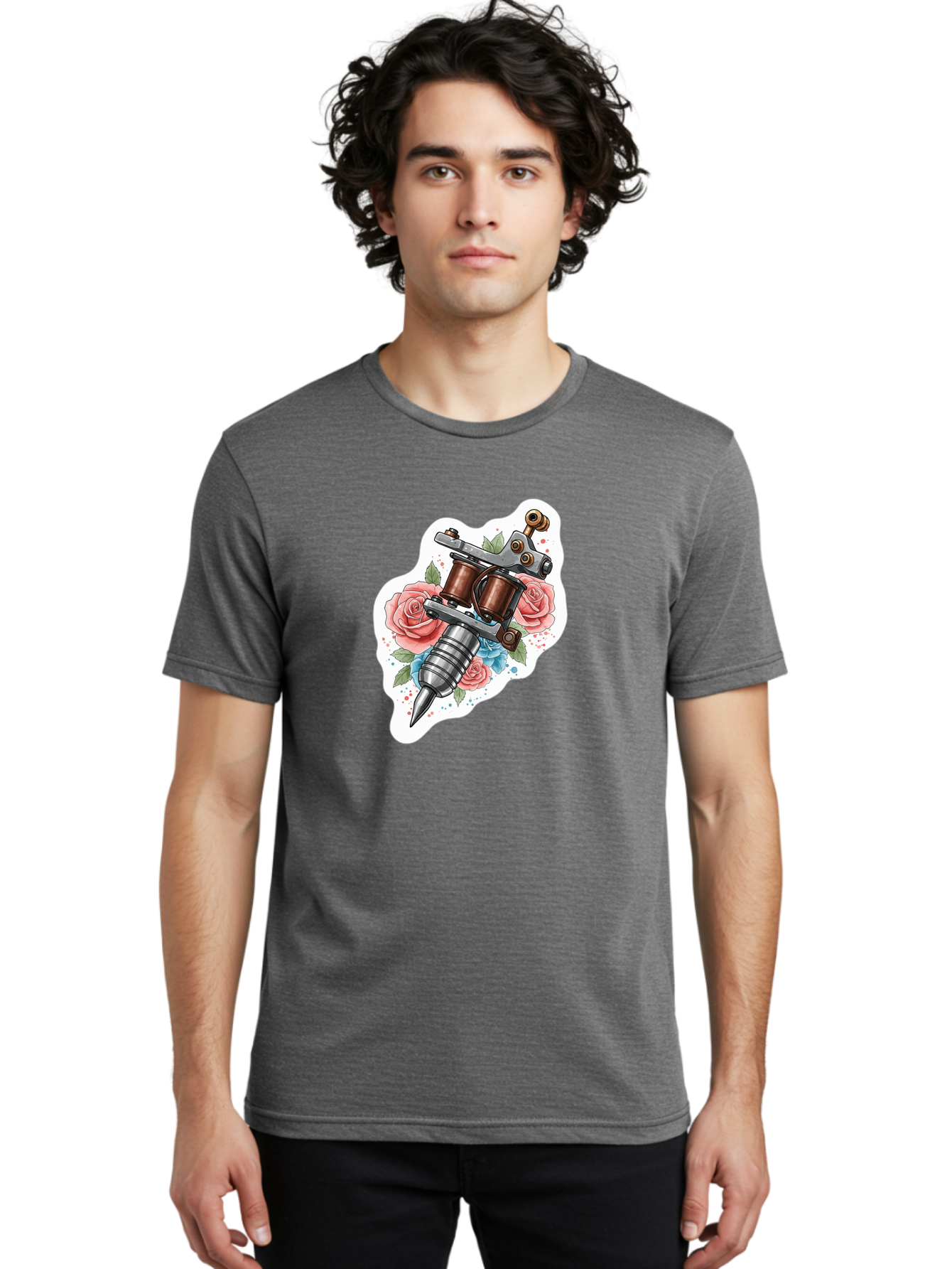 Tattoo-Machine-3 Men'S Graphic Tee, 100% Cotton, Comfortable Casual Summer Wear, Machine Washable, Vintage Tattoo Machine, Floral Design, Pink Roses, Blue Flowers, Body Art, Tattoo Culture, Ink, Artistic Expression, Decorative Art, Bad805