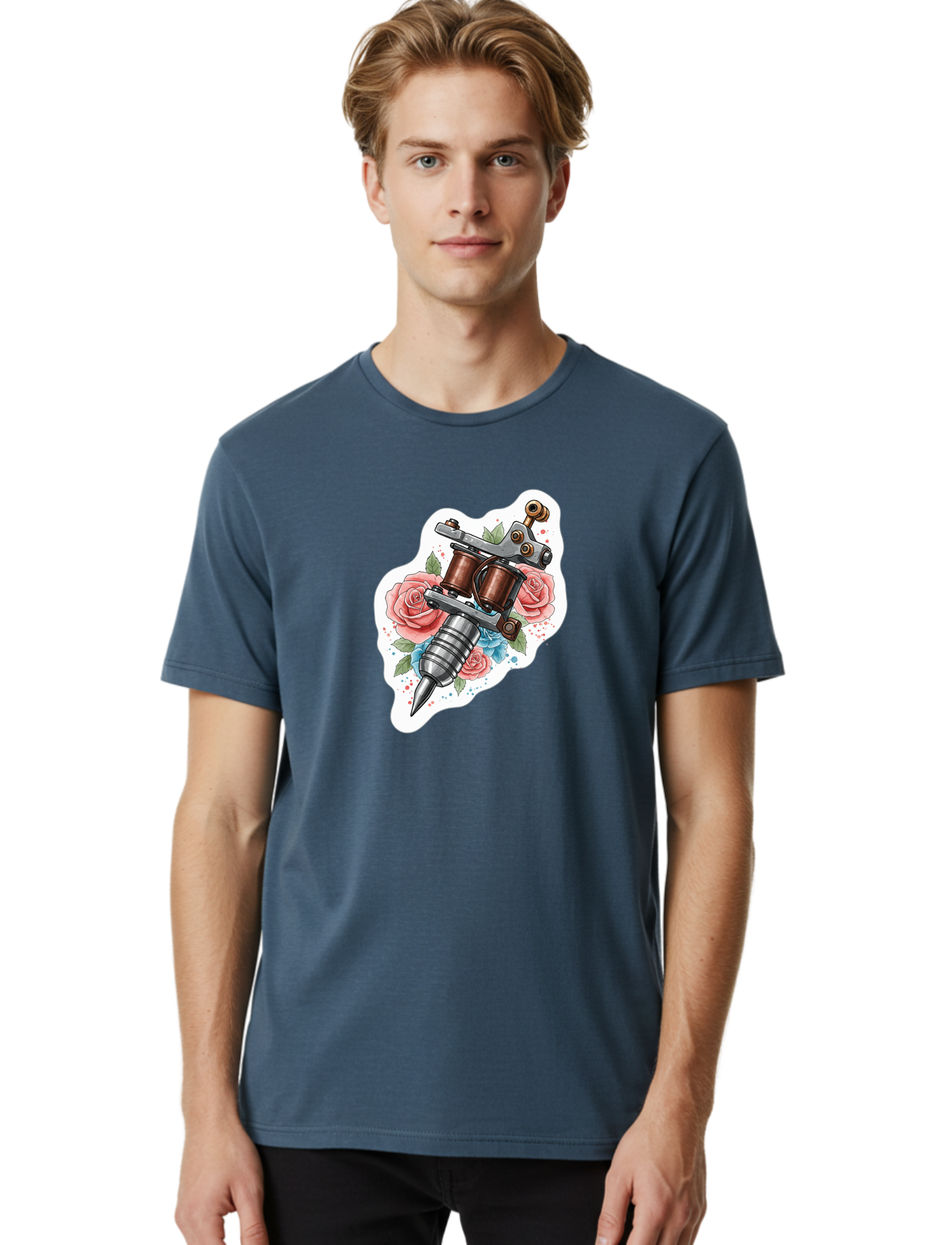 Tattoo-Machine-3 Men'S Graphic Tee, 100% Cotton, Comfortable Casual Summer Wear, Machine Washable, Vintage Tattoo Machine, Floral Design, Pink Roses, Blue Flowers, Body Art, Tattoo Culture, Ink, Artistic Expression, Decorative Art, Bad805
