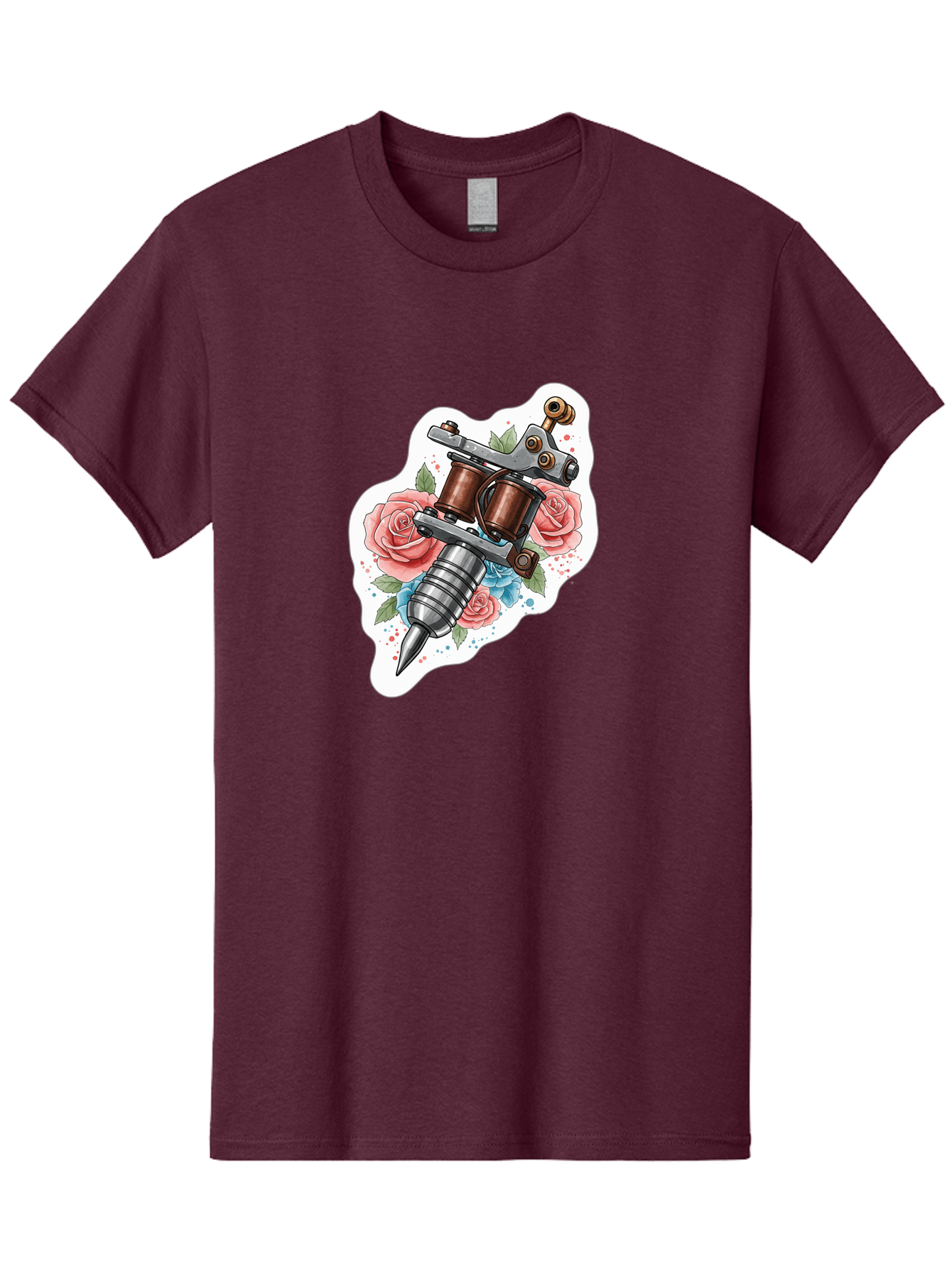 Tattoo-Machine-3 Men'S Graphic Tee, 100% Cotton, Comfortable Casual Summer Wear, Machine Washable, Vintage Tattoo Machine, Floral Design, Pink Roses, Blue Flowers, Body Art, Tattoo Culture, Ink, Artistic Expression, Decorative Art, Bad805