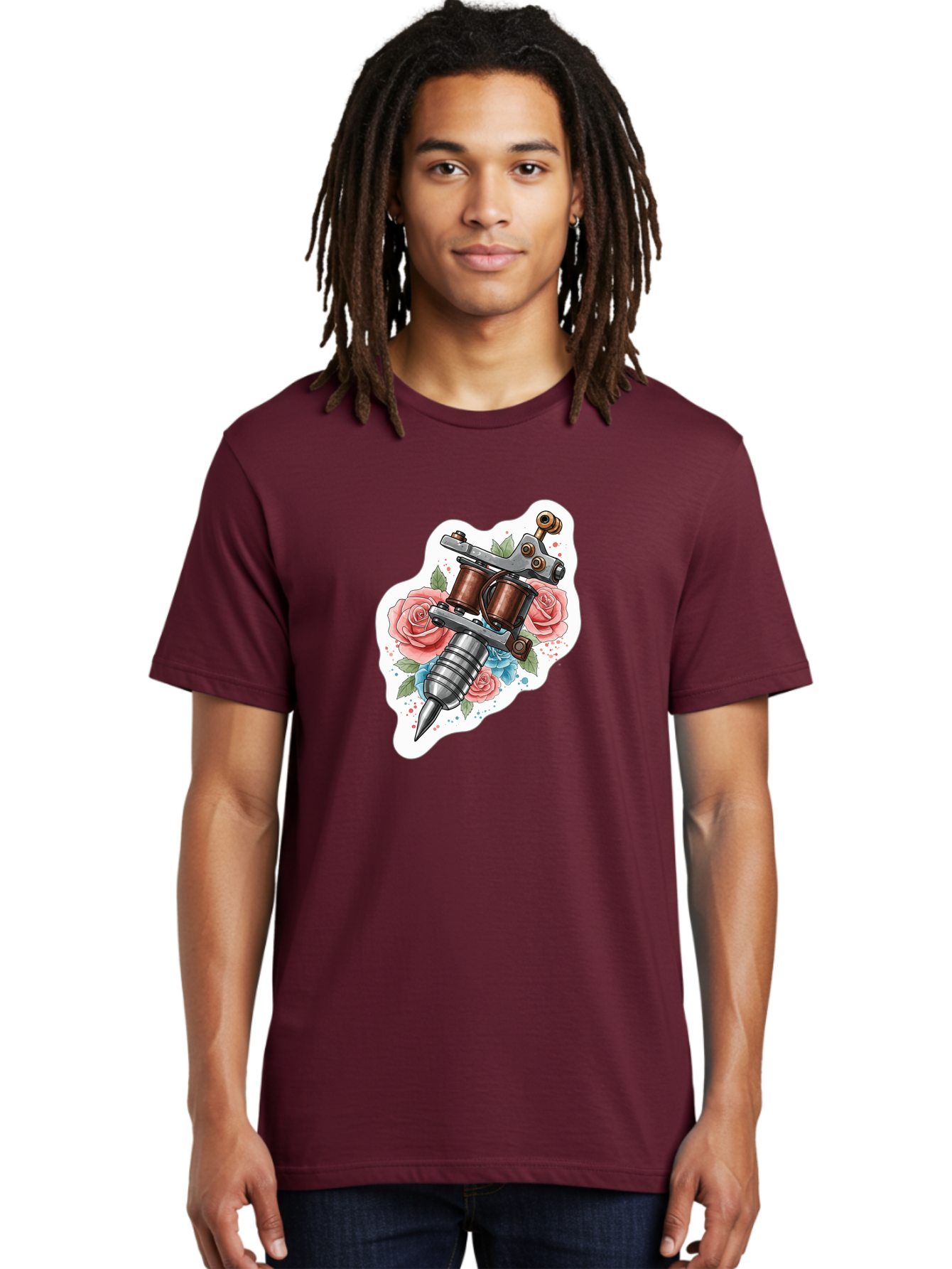 Tattoo-Machine-3 Men'S Graphic Tee, 100% Cotton, Comfortable Casual Summer Wear, Machine Washable, Vintage Tattoo Machine, Floral Design, Pink Roses, Blue Flowers, Body Art, Tattoo Culture, Ink, Artistic Expression, Decorative Art, Bad805