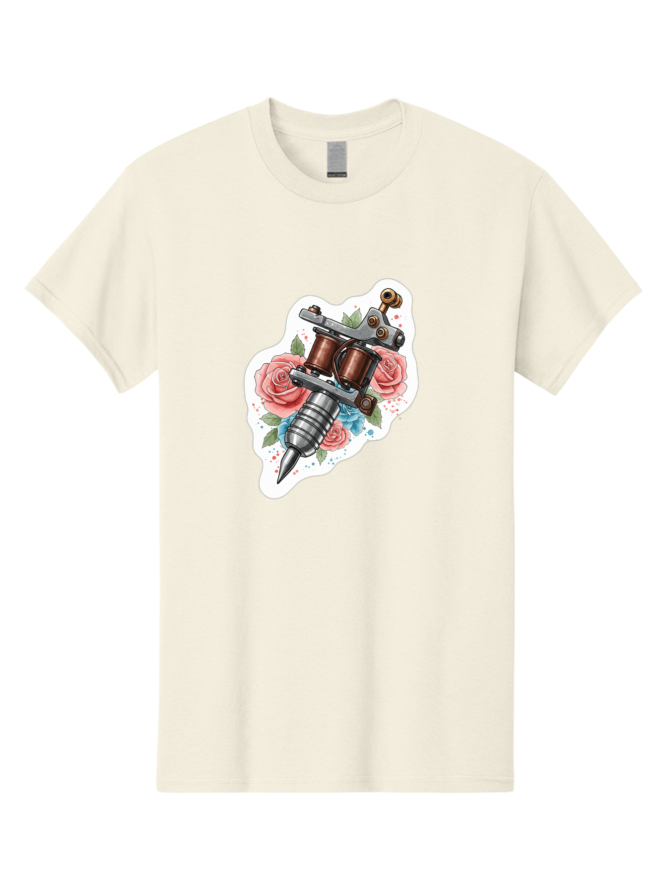 Tattoo-Machine-3 Men'S Graphic Tee, 100% Cotton, Comfortable Casual Summer Wear, Machine Washable, Vintage Tattoo Machine, Floral Design, Pink Roses, Blue Flowers, Body Art, Tattoo Culture, Ink, Artistic Expression, Decorative Art, Bad805