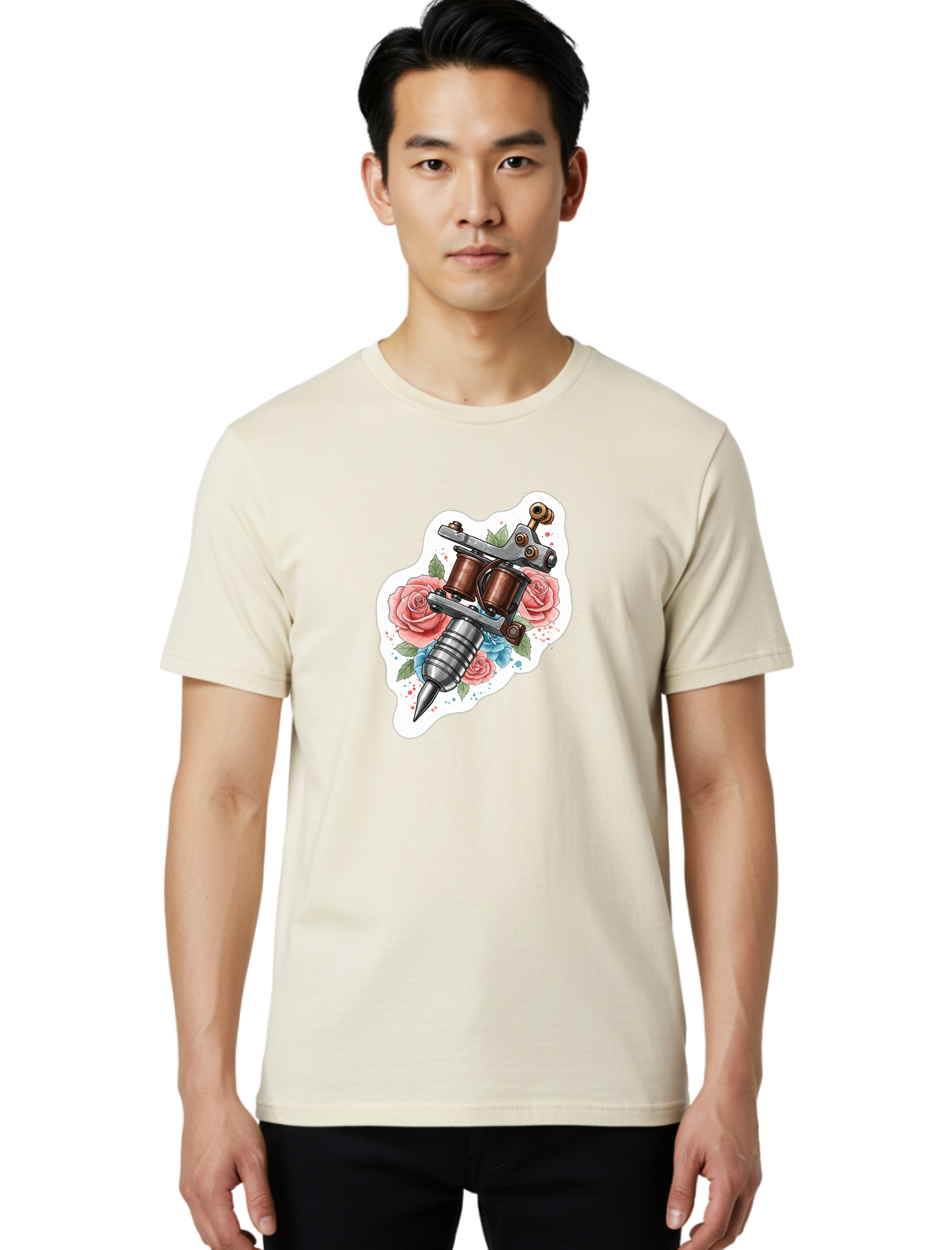 Tattoo-Machine-3 Men'S Graphic Tee, 100% Cotton, Comfortable Casual Summer Wear, Machine Washable, Vintage Tattoo Machine, Floral Design, Pink Roses, Blue Flowers, Body Art, Tattoo Culture, Ink, Artistic Expression, Decorative Art, Bad805