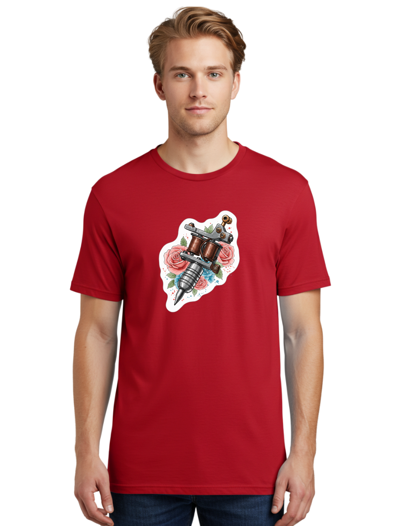 Tattoo-Machine-3 Men'S Graphic Tee, 100% Cotton, Comfortable Casual Summer Wear, Machine Washable, Vintage Tattoo Machine, Floral Design, Pink Roses, Blue Flowers, Body Art, Tattoo Culture, Ink, Artistic Expression, Decorative Art, Bad805