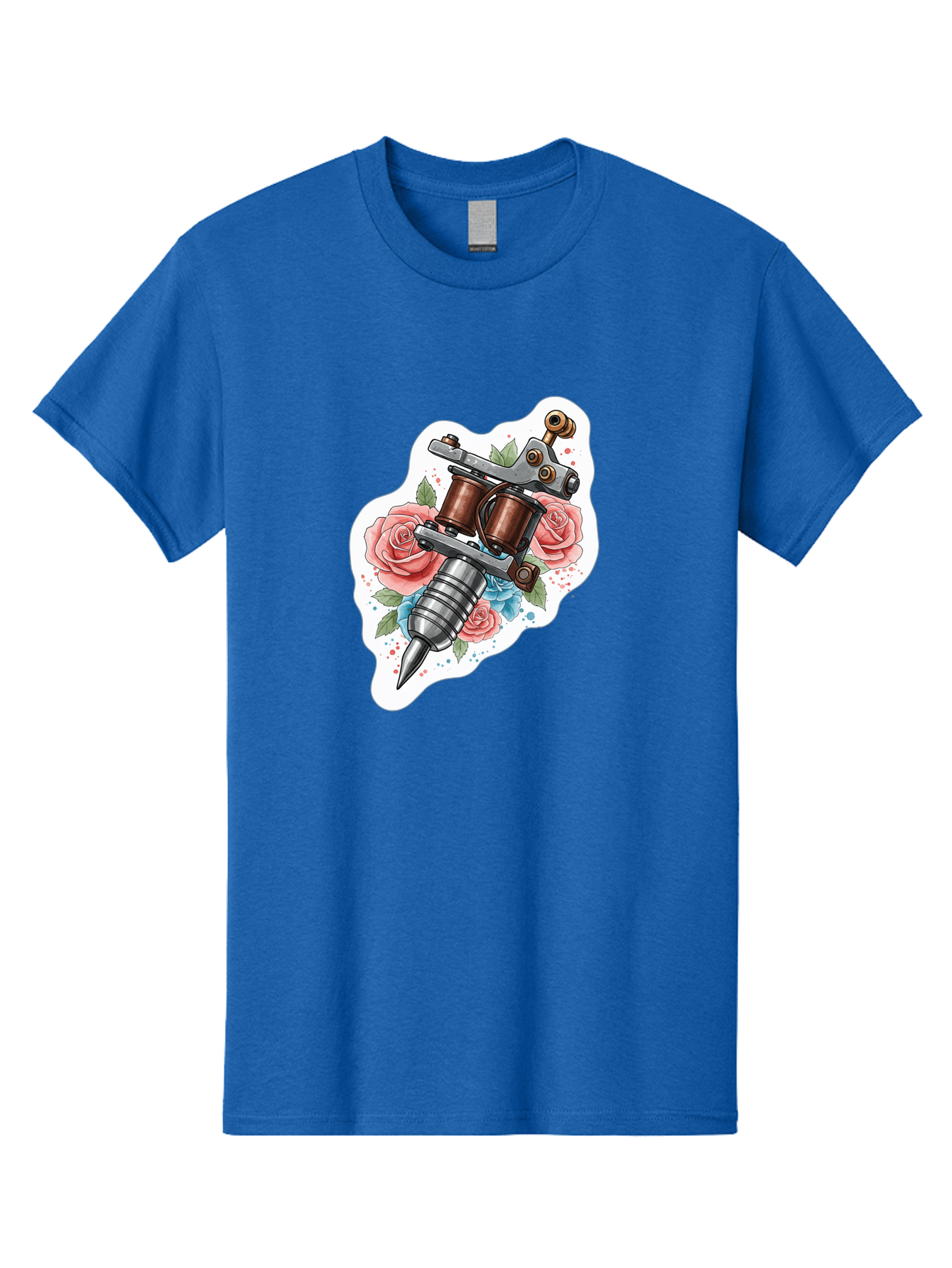 Tattoo-Machine-3 Men'S Graphic Tee, 100% Cotton, Comfortable Casual Summer Wear, Machine Washable, Vintage Tattoo Machine, Floral Design, Pink Roses, Blue Flowers, Body Art, Tattoo Culture, Ink, Artistic Expression, Decorative Art, Bad805