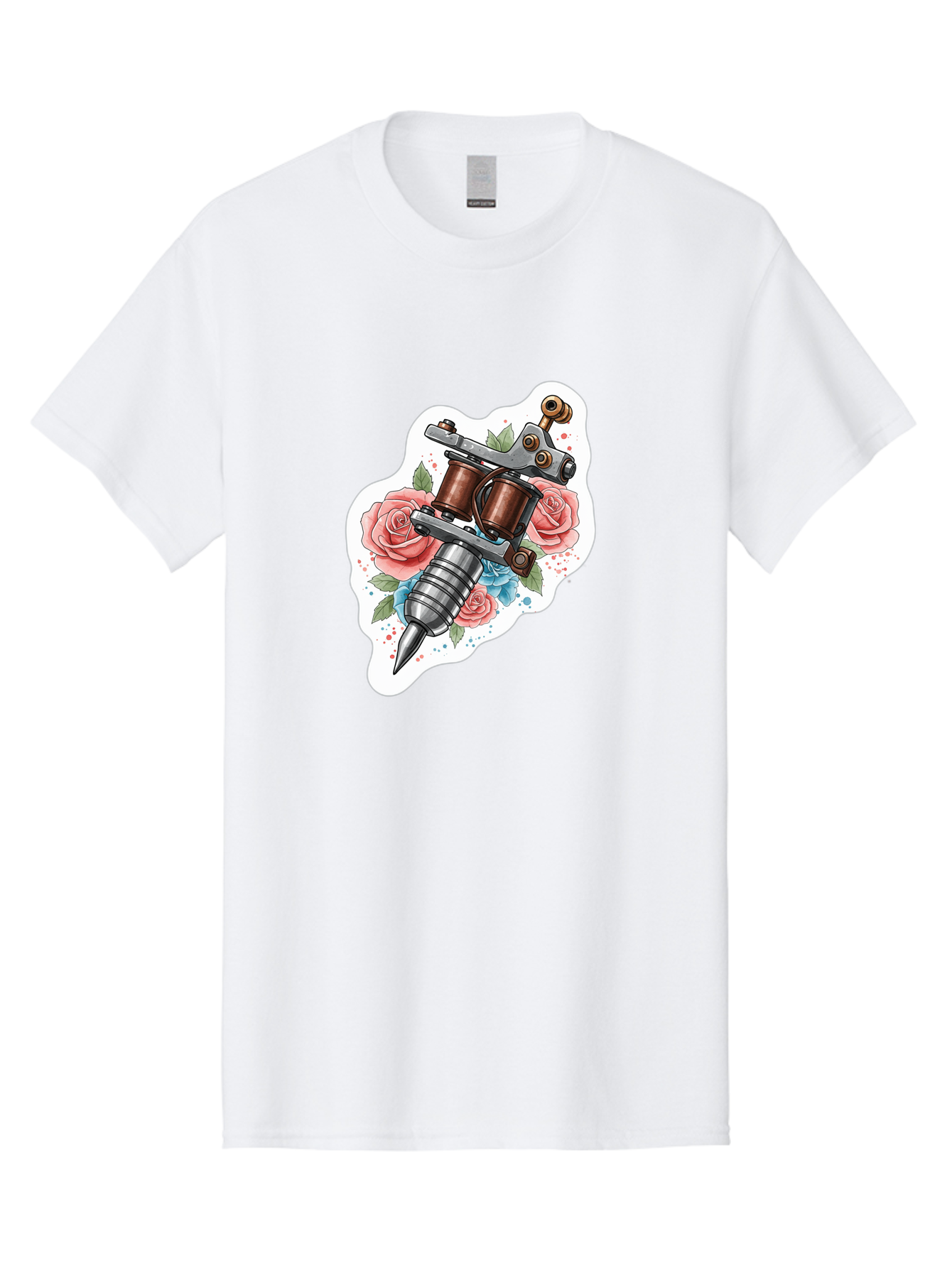 Tattoo-Machine-3 Men'S Graphic Tee, 100% Cotton, Comfortable Casual Summer Wear, Machine Washable, Vintage Tattoo Machine, Floral Design, Pink Roses, Blue Flowers, Body Art, Tattoo Culture, Ink, Artistic Expression, Decorative Art, Bad805