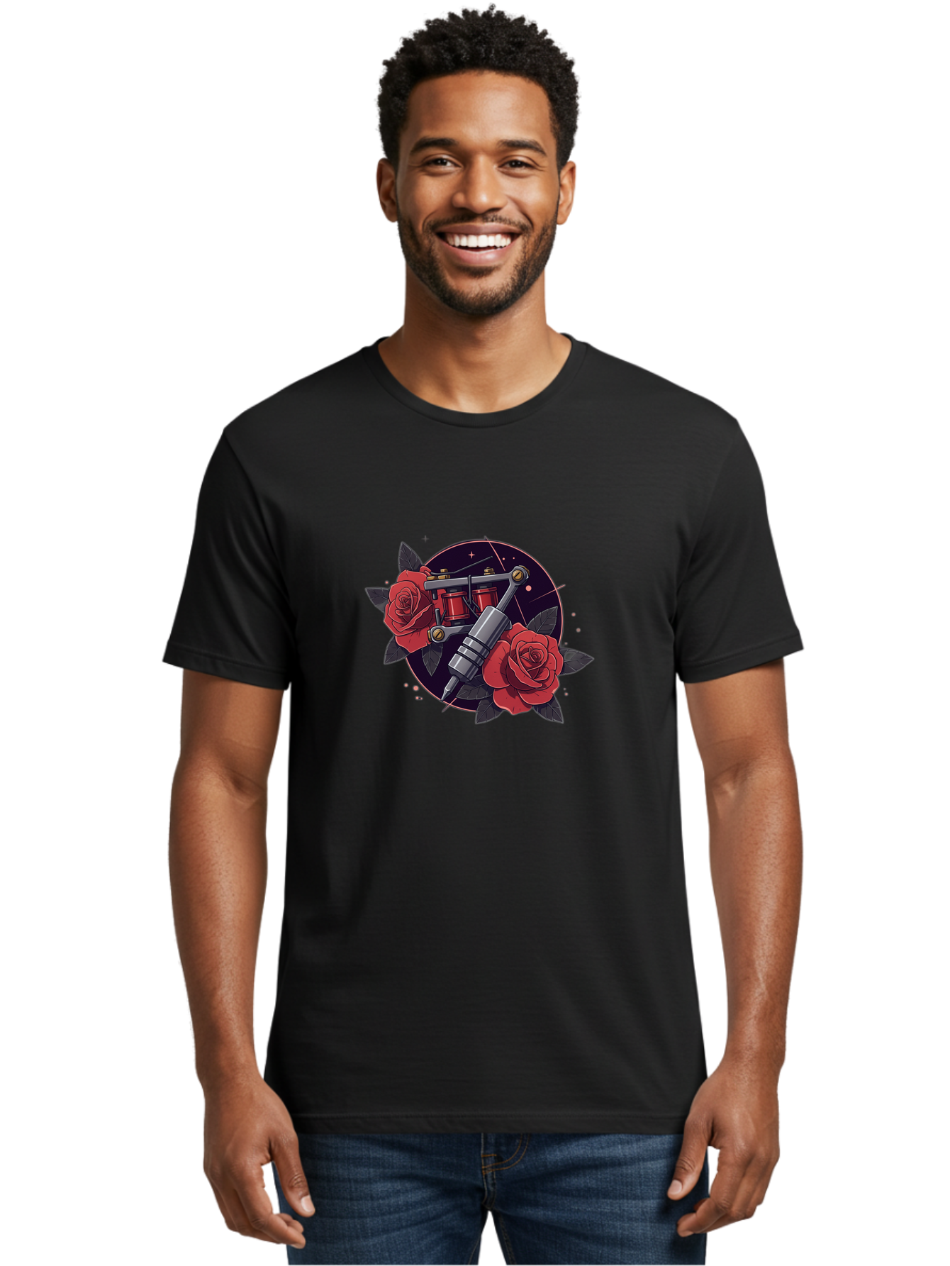 Tattoo-Machine-And-Roses Men'S Graphic Tee, 100% Cotton, Comfortable Casual Summer Wear, Machine Washable, Tattoo Machine, Red Roses, Floral Design, Tattoo Art, Vintage Tattoo, Tattoo Equipment, Ink Art, Rose Tattoo Bad806