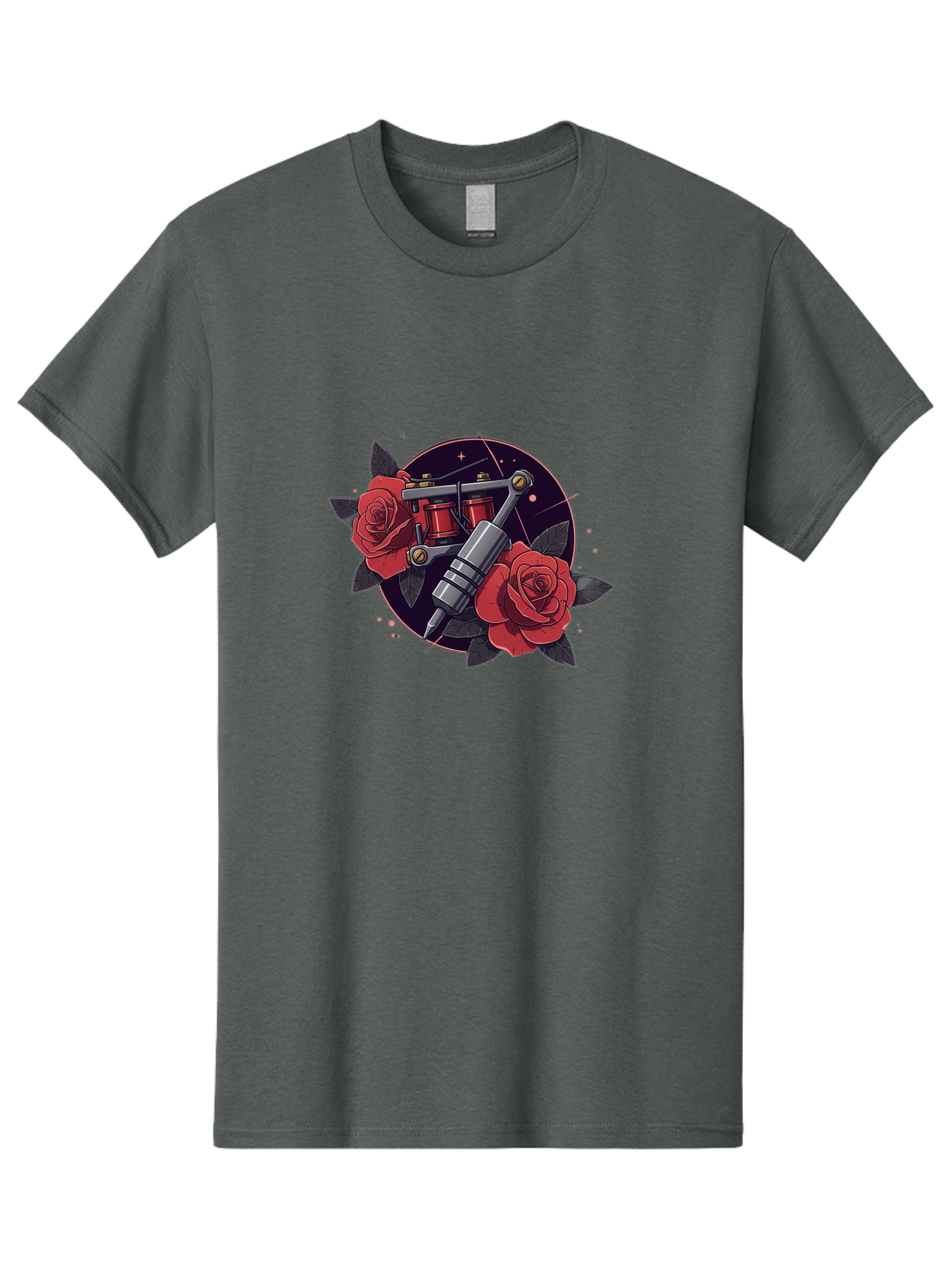 Tattoo-Machine-And-Roses Men'S Graphic Tee, 100% Cotton, Comfortable Casual Summer Wear, Machine Washable, Tattoo Machine, Red Roses, Floral Design, Tattoo Art, Vintage Tattoo, Tattoo Equipment, Ink Art, Rose Tattoo Bad806