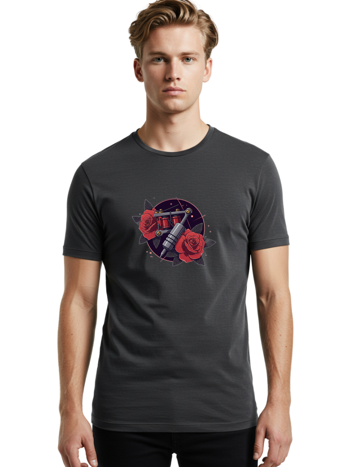 Tattoo-Machine-And-Roses Men'S Graphic Tee, 100% Cotton, Comfortable Casual Summer Wear, Machine Washable, Tattoo Machine, Red Roses, Floral Design, Tattoo Art, Vintage Tattoo, Tattoo Equipment, Ink Art, Rose Tattoo Bad806