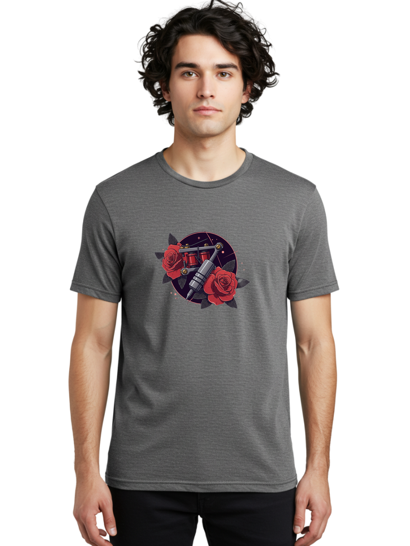 Tattoo-Machine-And-Roses Men'S Graphic Tee, 100% Cotton, Comfortable Casual Summer Wear, Machine Washable, Tattoo Machine, Red Roses, Floral Design, Tattoo Art, Vintage Tattoo, Tattoo Equipment, Ink Art, Rose Tattoo Bad806