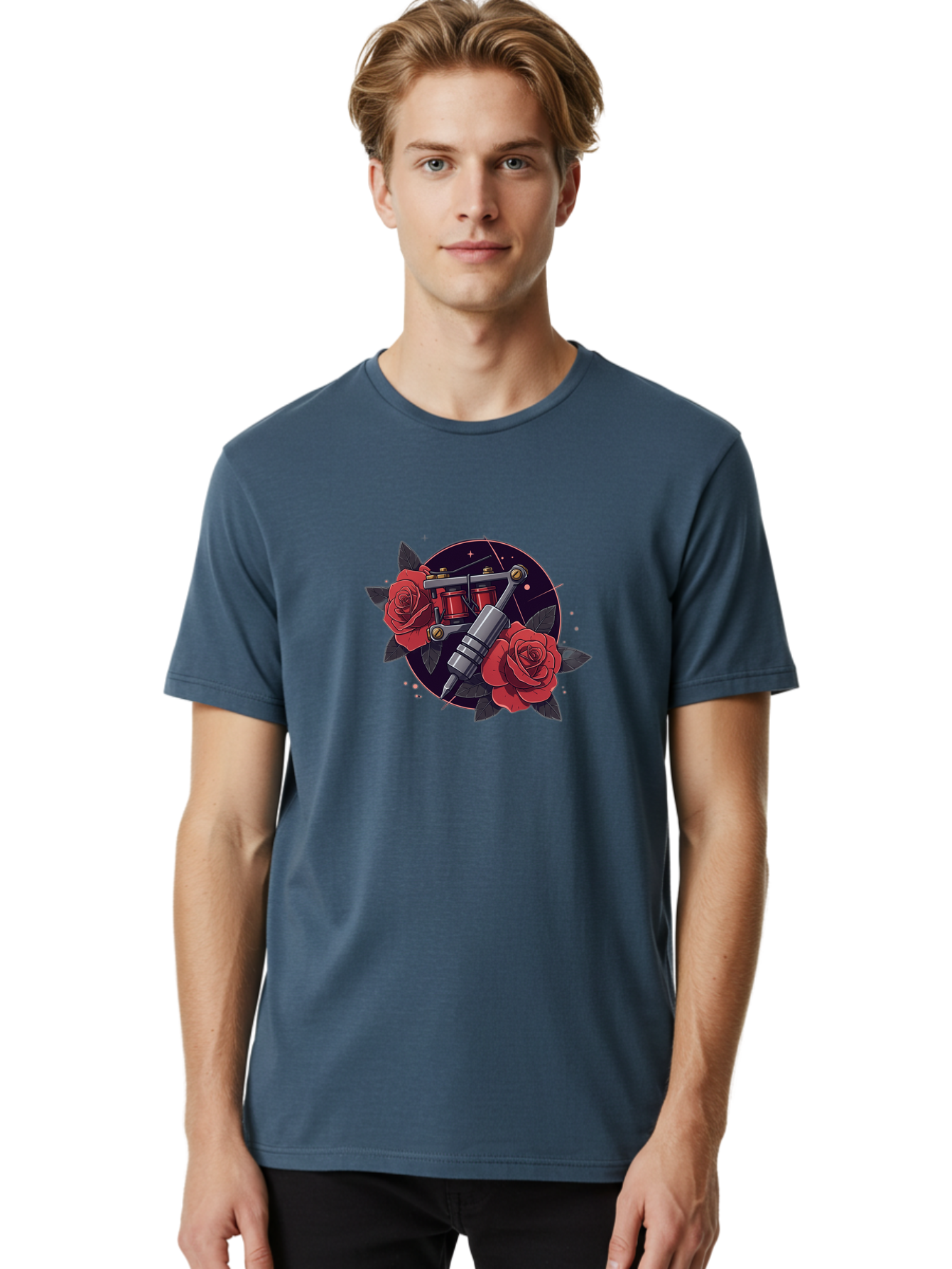 Tattoo-Machine-And-Roses Men'S Graphic Tee, 100% Cotton, Comfortable Casual Summer Wear, Machine Washable, Tattoo Machine, Red Roses, Floral Design, Tattoo Art, Vintage Tattoo, Tattoo Equipment, Ink Art, Rose Tattoo Bad806