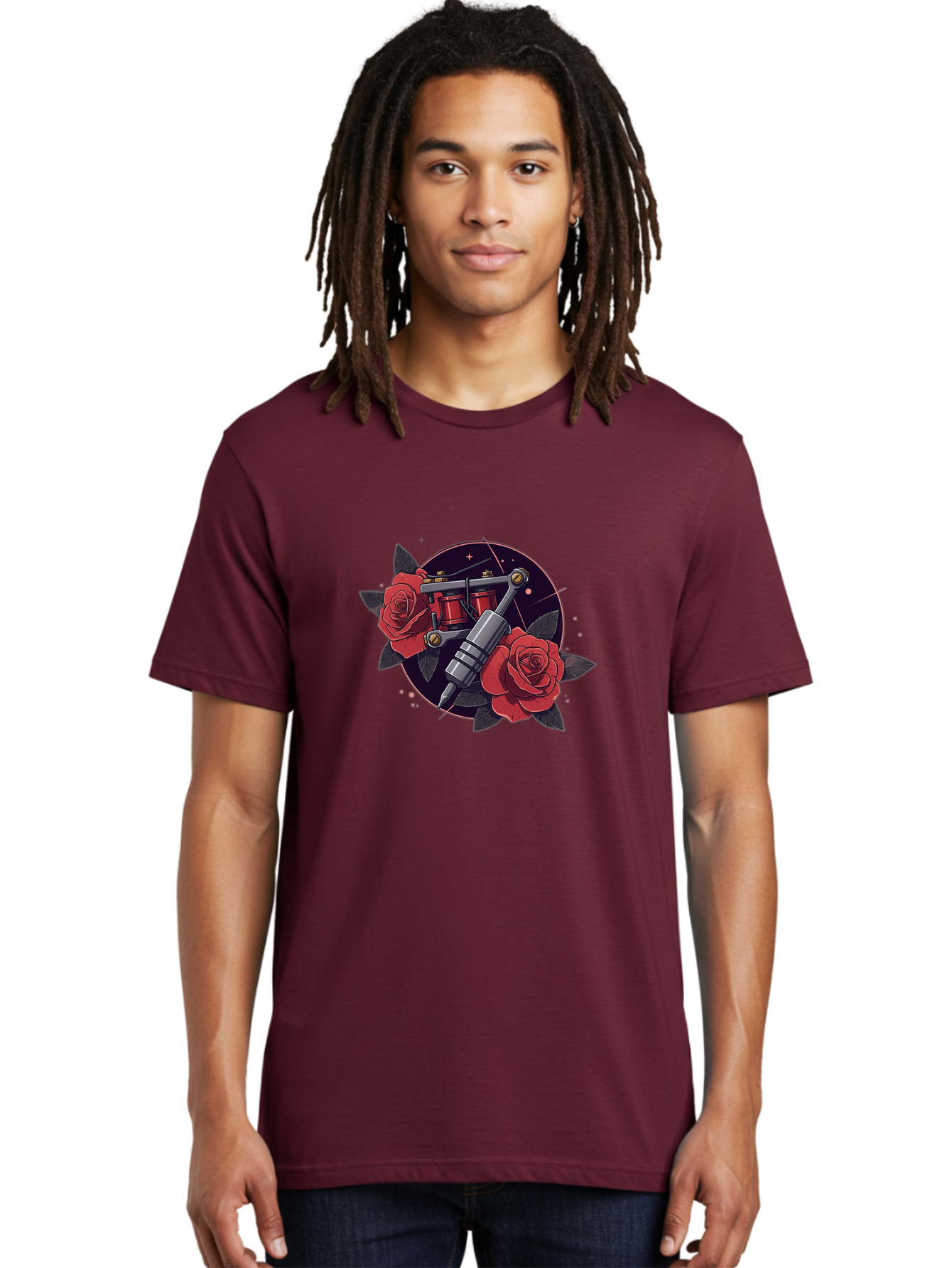Tattoo-Machine-And-Roses Men'S Graphic Tee, 100% Cotton, Comfortable Casual Summer Wear, Machine Washable, Tattoo Machine, Red Roses, Floral Design, Tattoo Art, Vintage Tattoo, Tattoo Equipment, Ink Art, Rose Tattoo Bad806
