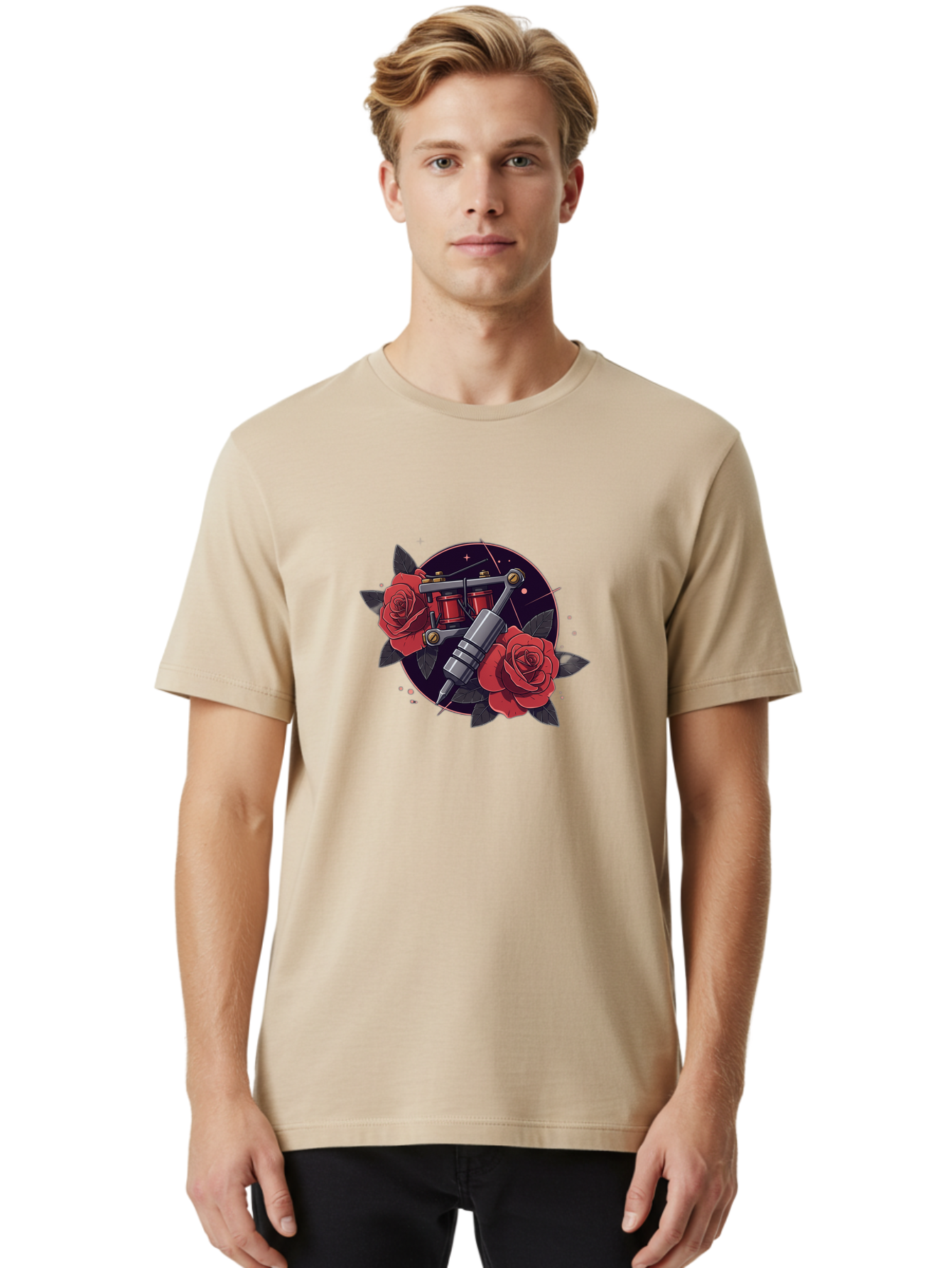 Tattoo-Machine-And-Roses Men'S Graphic Tee, 100% Cotton, Comfortable Casual Summer Wear, Machine Washable, Tattoo Machine, Red Roses, Floral Design, Tattoo Art, Vintage Tattoo, Tattoo Equipment, Ink Art, Rose Tattoo Bad806
