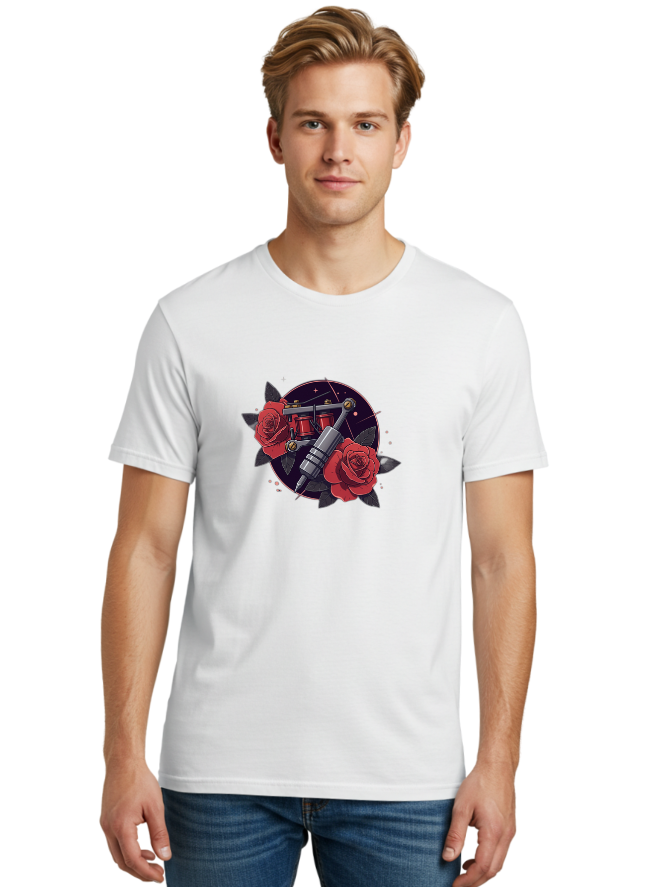 Tattoo-Machine-And-Roses Men'S Graphic Tee, 100% Cotton, Comfortable Casual Summer Wear, Machine Washable, Tattoo Machine, Red Roses, Floral Design, Tattoo Art, Vintage Tattoo, Tattoo Equipment, Ink Art, Rose Tattoo Bad806