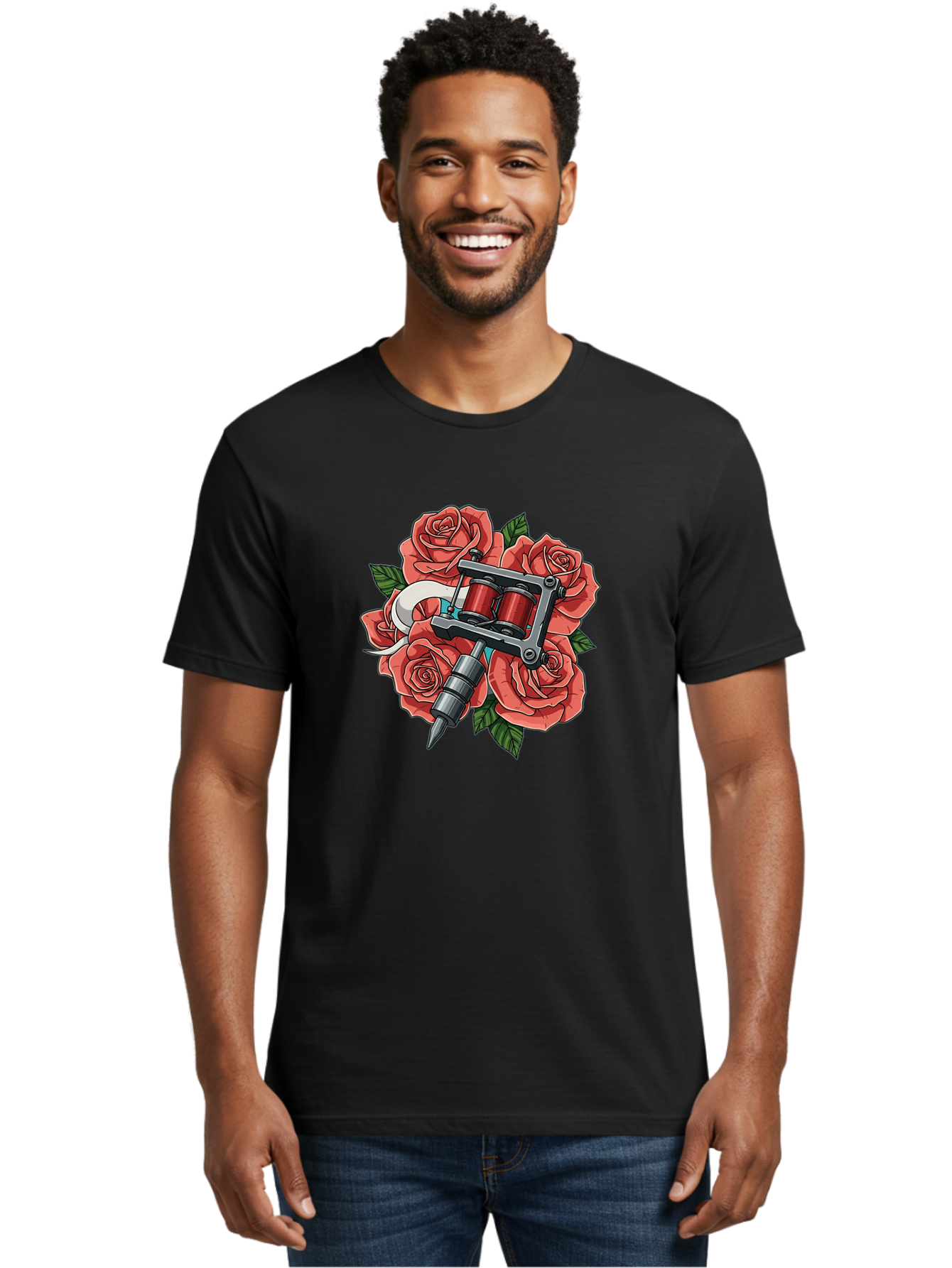 Tattoo-Machine-Roses-1 Men'S Graphic Tee, 100% Cotton, Comfortable Casual Summer Wear, Machine Washable, Tattoo Machine, Red Roses, Floral Design, Tattoo Art, Ink Art, Body Art, Tattoo Culture, Rose Bouquet, Vintage Tattoo Style Bad808
