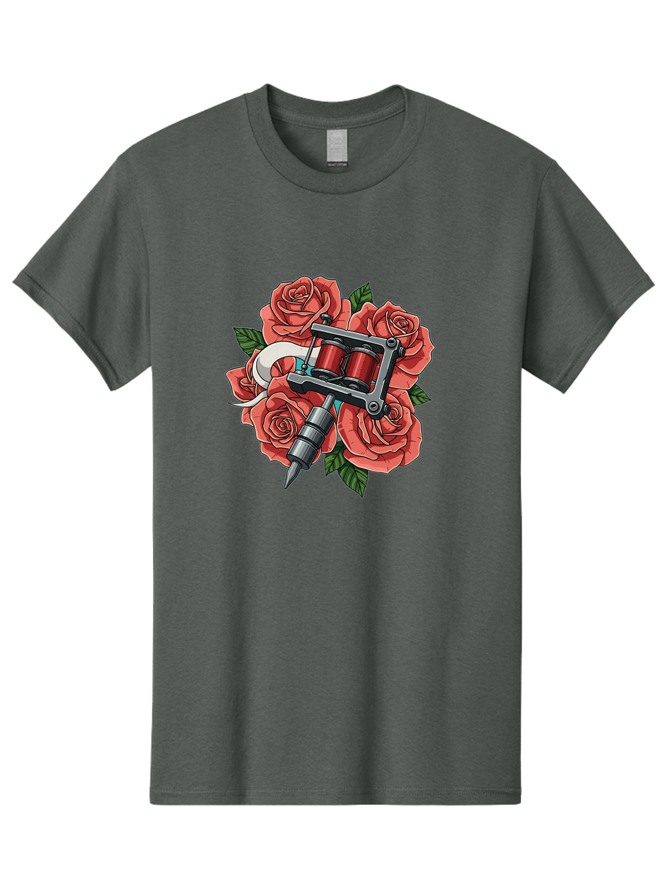 Tattoo-Machine-Roses-1 Men'S Graphic Tee, 100% Cotton, Comfortable Casual Summer Wear, Machine Washable, Tattoo Machine, Red Roses, Floral Design, Tattoo Art, Ink Art, Body Art, Tattoo Culture, Rose Bouquet, Vintage Tattoo Style Bad808