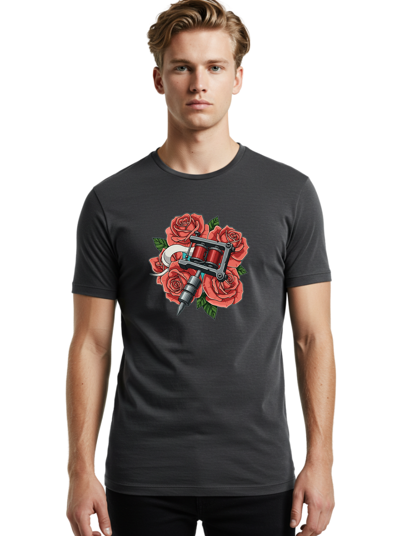Tattoo-Machine-Roses-1 Men'S Graphic Tee, 100% Cotton, Comfortable Casual Summer Wear, Machine Washable, Tattoo Machine, Red Roses, Floral Design, Tattoo Art, Ink Art, Body Art, Tattoo Culture, Rose Bouquet, Vintage Tattoo Style Bad808