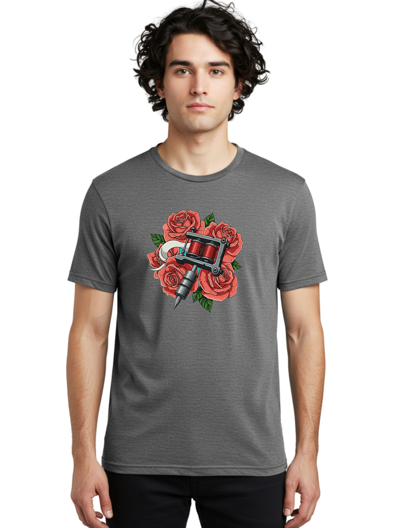 Tattoo-Machine-Roses-1 Men'S Graphic Tee, 100% Cotton, Comfortable Casual Summer Wear, Machine Washable, Tattoo Machine, Red Roses, Floral Design, Tattoo Art, Ink Art, Body Art, Tattoo Culture, Rose Bouquet, Vintage Tattoo Style Bad808