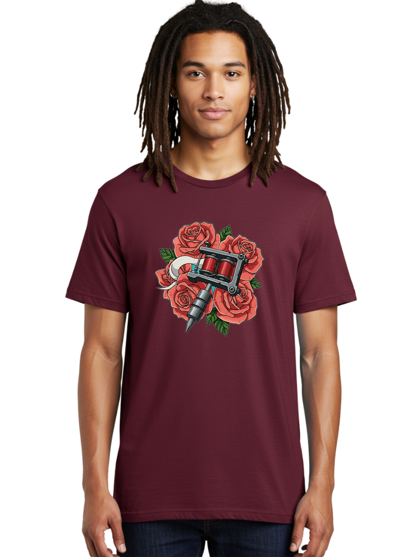 Tattoo-Machine-Roses-1 Men'S Graphic Tee, 100% Cotton, Comfortable Casual Summer Wear, Machine Washable, Tattoo Machine, Red Roses, Floral Design, Tattoo Art, Ink Art, Body Art, Tattoo Culture, Rose Bouquet, Vintage Tattoo Style Bad808